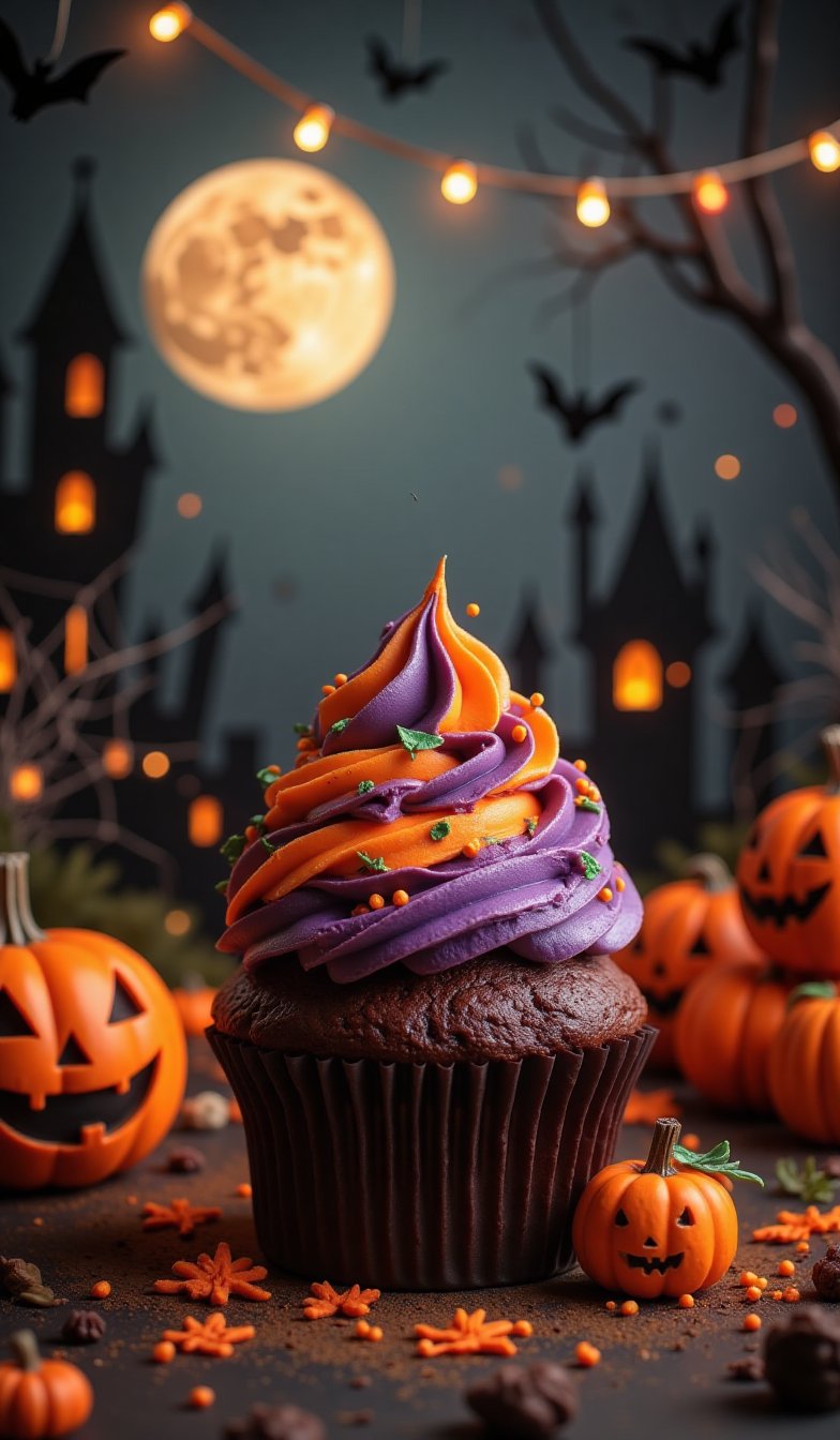 Dark chocolate-based cupcake placed in a dark Halloween atmosphere. Bright purple and orange cream is swirled on top of the cupcake, some of which are accented with green lines. Small orange pumpkin decorations are scattered around the cupcake. In the background, several jack-o'-lanterns are placed, with spider webs and Halloween decorations hanging behind them. A full moon is visible, and silhouettes of bats are flying. The overall color scheme is dark, and the moonlight is weak, making the cupcake and pumpkin stand out. The photo-like details emphasize the contrast of light and shadow.
The background is in dark gray and black tones, creating a spooky atmosphere befitting Halloween.
The cream on the cupcake is smooth, and the texture of the cream is well-depicted.
The face of the jack-o'-lantern is designed to be a little scary, but also cute.
The light source is conscious of the soft light from the full moon, and casts natural shadows on the objects.
Focus on the details, making the texture of the cupcake and the decorative accessories clearly visible.Halloween_Figure,VNS_Add more details