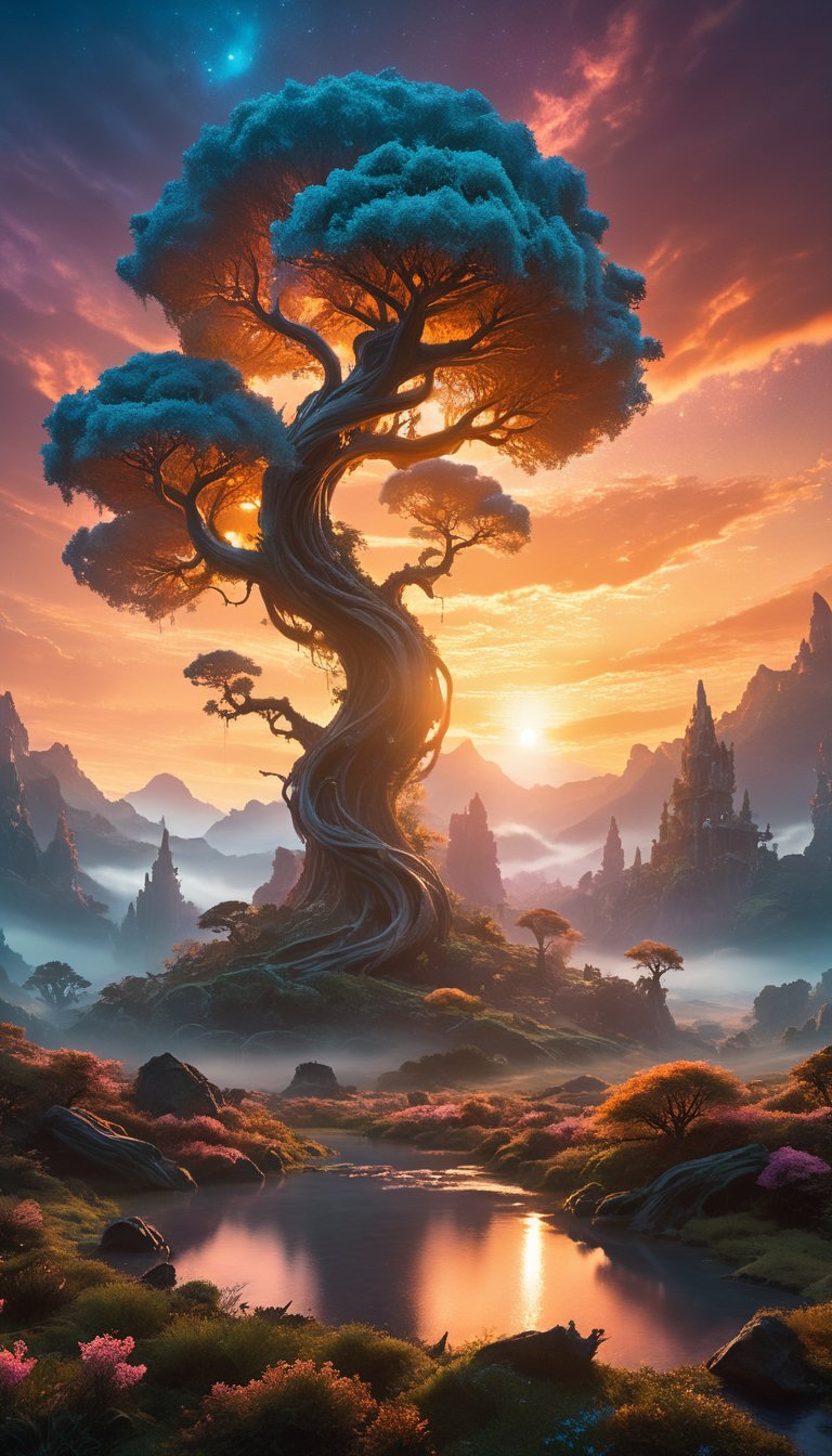 A surreal sunset casts an otherworldly glow on a dreamlike landscape, where twisted tree trunks stretch towards the sky like nature's own peculiar sculptures. A misty veil rises from the valley floor, shrouding ancient ruins in mystery. The air is heavy with the scent of blooming flora, (Detailed Textures, high quality, high resolution, high Accuracy, realism, color correction, Proper lighting settings, harmonious composition, Behance works)