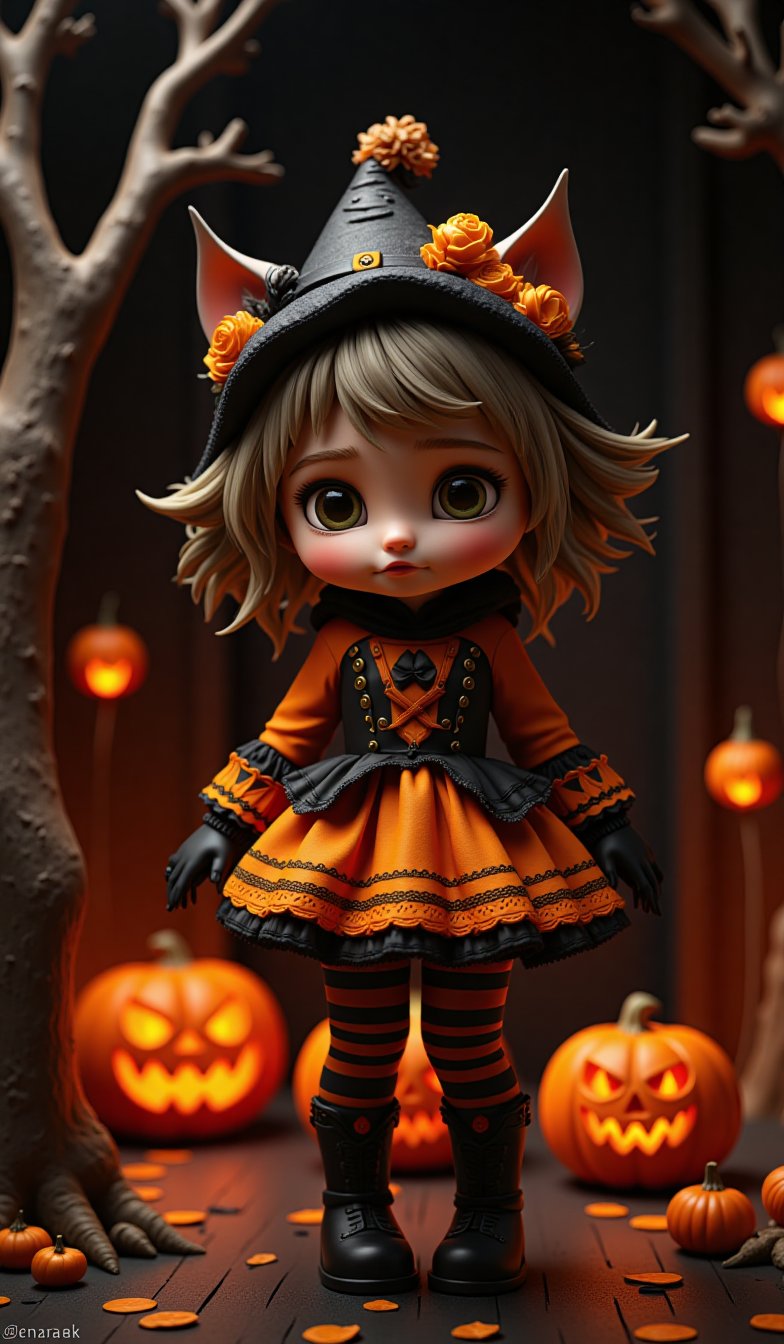 Highly deformed, bobblehead-style figurine diorama. A stunning photograph that embodies the rococo-punk art style, featuring a wide-eyed cat girl in a Halloween pumpkin-themed outfit. The darkness surrounding her is illuminated by meticulous lighting from a soft box, capturing every intricate detail with clarity. Reflecting Greg Rutkowski's outstanding catalog design, this piece was a hit on Artstation and would be perfect for the cover of a high-end fashion magazine,Halloween_Figure,disney style