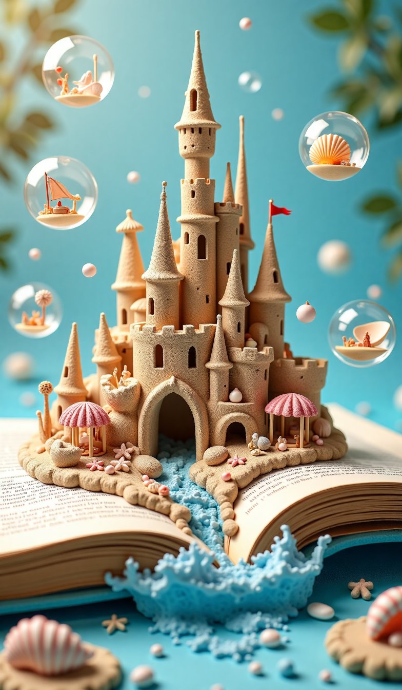 Highly detailed fantasy scene featuring a magical sandcastle rising from an open storybook. The sandcastle has intricate t...