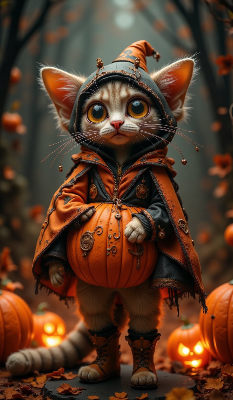 Highly deformed, bobblehead-esque diorama. A stunning photograph that embodies the baroque-punk art style, featuring a very large, wide-eyed cat dressed in a costume with a Halloween pumpkin as the main theme. The darkness around the cat is illuminated by meticulous lighting from a softbox, capturing the intricate details in sharp detail. Reflecting the great catalog designs of famous artists, this piece is a hit on Artstation and would be perfect for the cover of the high-end fashion magazine "Halloween_Figure".VNS_Add more details