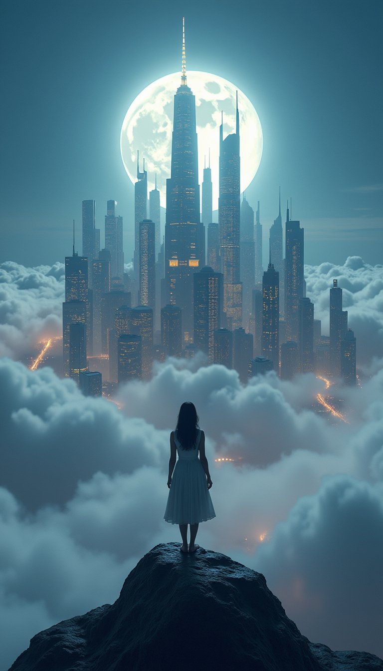 City towering above the world,  with an ethereal miniature effect added by tilt-shift lens photography,  hangs in the sky...