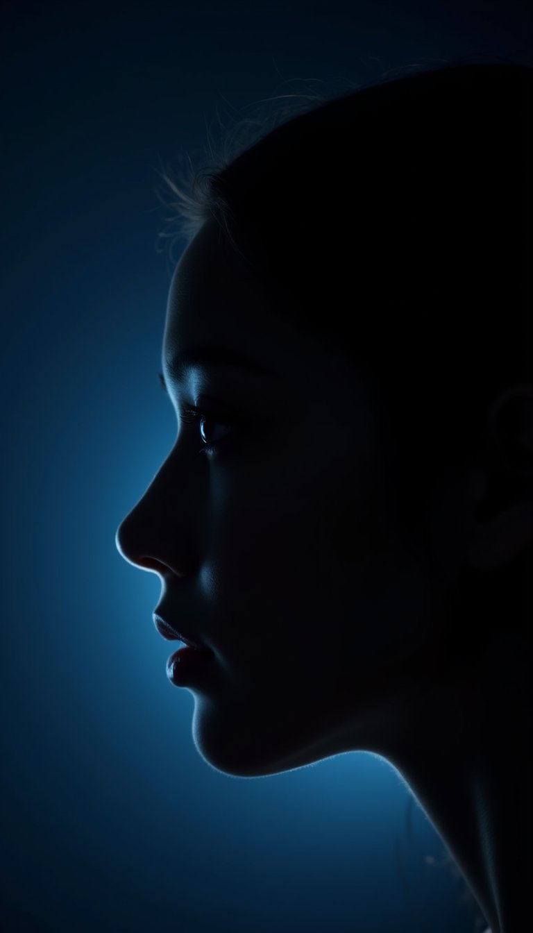 Realistic photography of a woman profile, silhouette, rim light, shiny edges, micrograph, intense chiaroscuro portrait, dark blue background, white and dark blue, (Detailed Textures, high quality, high resolution, high Accuracy, realism, color correction, Proper lighting settings, harmonious composition, Behance works)