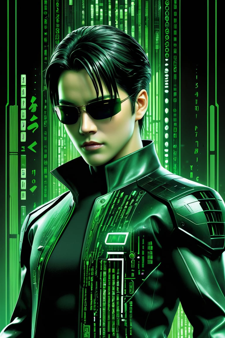 Matrix Neo, Matrix Code, green and black color scheme, epic poster composition drawn in manga style, dynamic and highly detailed Art Station, concept art, influenced by Artgerm and Wadim Kashin, (Detailed Textures, high quality, high resolution, high Accuracy, realism, color correction, Proper lighting settings, harmonious composition, Behance works),Matrix Style