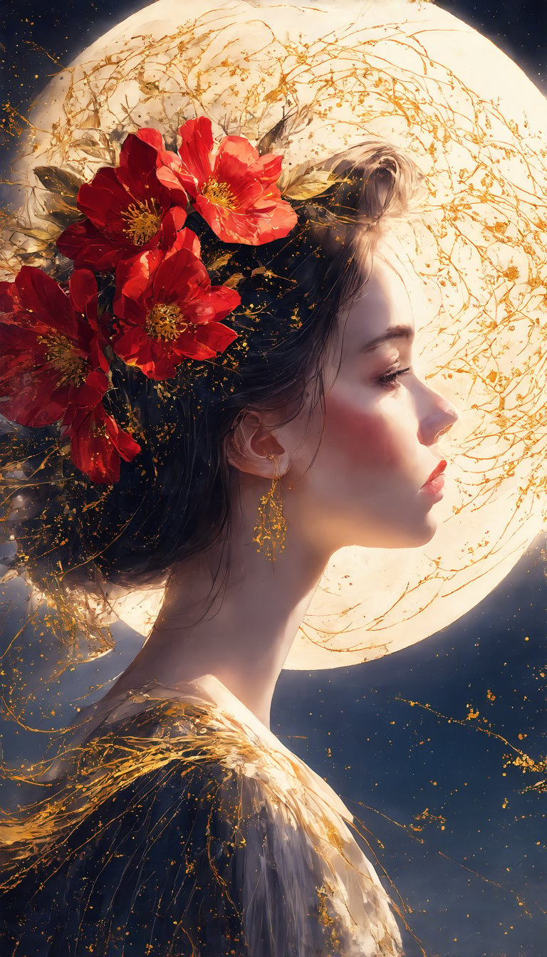 (1girl, Golden petals and red flowers form intricate patterns against the backdrop of the moon, reminiscent of the styles of Yoann Lossel, Cyril Rolando, Nan Goldin, Lee Bontecou, and Loish), Detailed texture, High quality, High resolution, High precision, Realism, Color correction, Proper lighting settings, Harmonious composition, Behance Works,detail-rendering,Watercolor