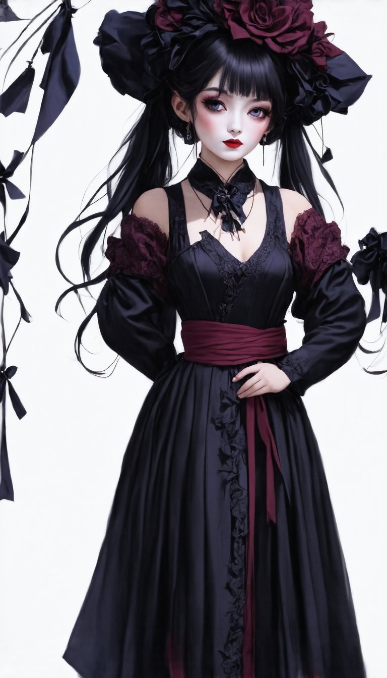 (Cute, a fusion of traditional Japanese beauty and Gothic Lolita fashion. A fusion of elegant kimono silhouettes and the dark charm of Gothic elements. The ornate sash and corset bodice are adorned with elaborate lace trim in deep, rich colors, and accessories such as knobs and hairpins with lace and ribbons create a Victorian-inspired atmosphere, while traditional Gothic motifs create a Victorian-inspired atmosphere. The color palette of the intricate hairpiece leans towards deep purples, blacks and blood reds, creating a striking contrast against the delicate fabric. White face makeup and dark, dramatic eye makeup create a look that combines the elegance of traditional Japanese beauty with the mysterious elegance of Gothic fashion. The result is a fascinating and unique style that seamlessly blends the extravagance of Japanese tradition with the dark romanticism of Gothic Lolita and retro ink.), detailed texture, high quality, high resolution, high accuracy, realism, color correction, good lighting settings, harmonious composition, Behance Works, 1girl_neo