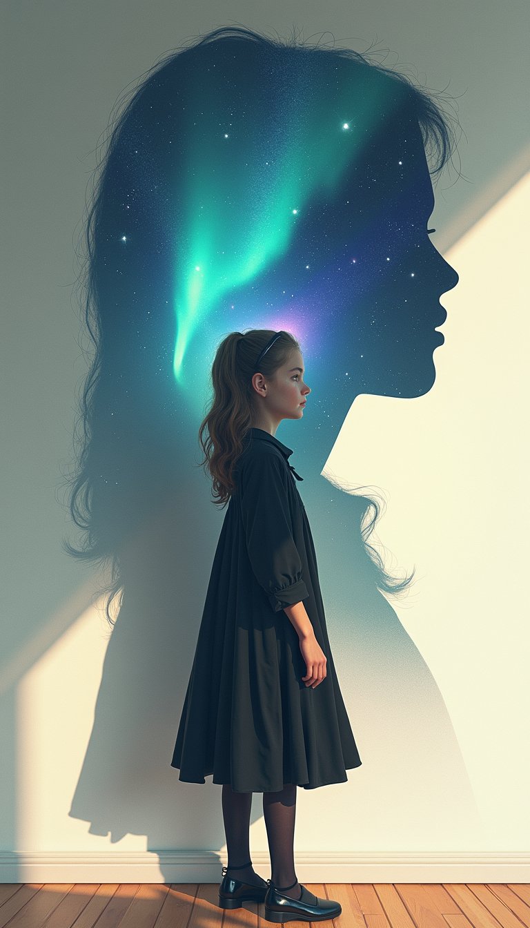 The light shines on the girl from the front, casting a long, large shadow from her feet to her back. Inside the outline of the shadow is a trapped starry sky and a colorful aurora, as if depicting a different dimension inside the shadow. The girl's shadow creates a fantastical illusion, and the light of the aurora reflects off the girl's hair and clothes, giving her a mysterious impression. The overall atmosphere is dreamy, with a clear boundary between shadow and reality, and the contrast with the bright background clearly expresses the boundary between fantasy and reality. The girl's expression is calm, and this fantastical world is like a dream in her mind.