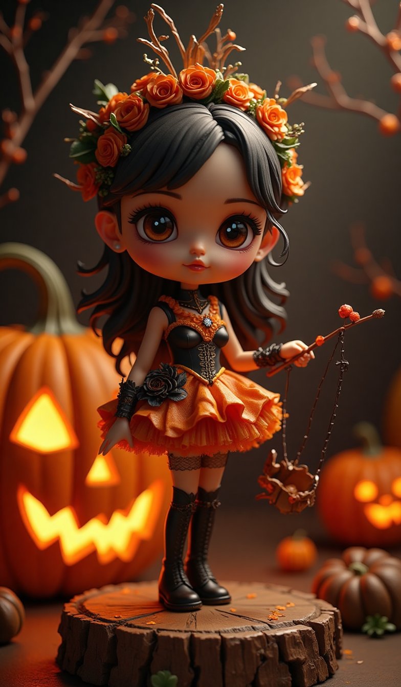 Super deformed, bobblehead style figure diorama. A stunning photo embodying the Rococo-punk art style, featuring a Caucasian model elegantly dressed in a Halloween pumpkin themed mini dress. The darkness surrounding her is illuminated by meticulous lighting from a softbox, capturing every intricate detail in vivid detail. Reflecting Greg Rutkowski's outstanding catalogue designs, this piece has been a hit on Artstation and would be perfect for the cover of a high-end fashion magazine,Halloween_Figure,Highly detailed Halloween style figure