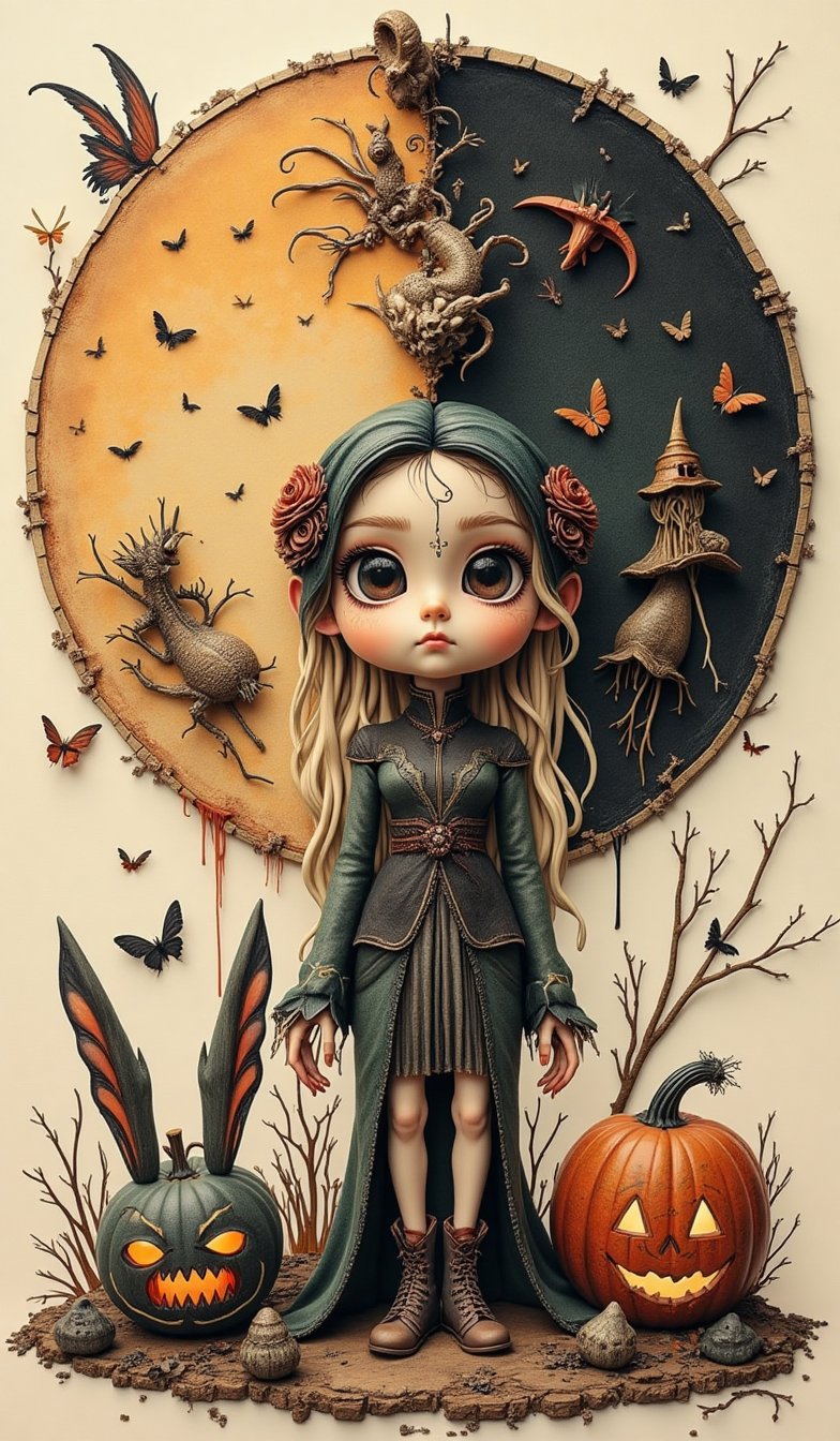 Highly detailed Halloween style figure, closed art with yin and yang parts, double exposure, yin and yang divided, one side is day, fairy, one side is night, creepy and strange creatures, , Claora, Andy Kehoe, flat, cute, vintage , cracked paper art, detailed fairy tale illustrations, luminance, pen and ink, surrealist concept art, Halloween_Figure