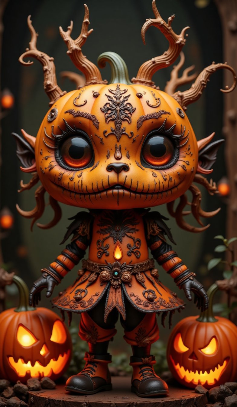 Highly deformed, bobblehead-esque diorama. Featuring a very large, wide-eyed character with an anthropomorphic jack-o'-lantern and Halloween pumpkin-themed costume, this stunning photograph embodies the baroque punk art style. The darkness around the character is illuminated by meticulous lighting from a softbox, capturing the intricate details with clarity. Reflecting the great catalog designs of famous artists, this piece was a hit on Artstation and would be perfect for the cover of the high-end fashion magazine "Halloween_Figure".VNS_Add more details