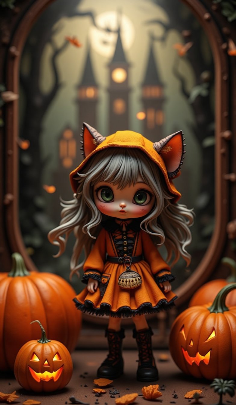 Highly deformed, bobblehead-style figurine diorama. A stunning photograph that embodies the rococo-punk art style, featuring a wide-eyed cat girl in a Halloween pumpkin-themed outfit. The darkness surrounding her is illuminated by meticulous lighting from a soft box, capturing every intricate detail with clarity. Reflecting Greg Rutkowski's outstanding catalog design, this piece was a hit on Artstation and would be perfect for the cover of a high-end fashion magazine,Halloween_Figure