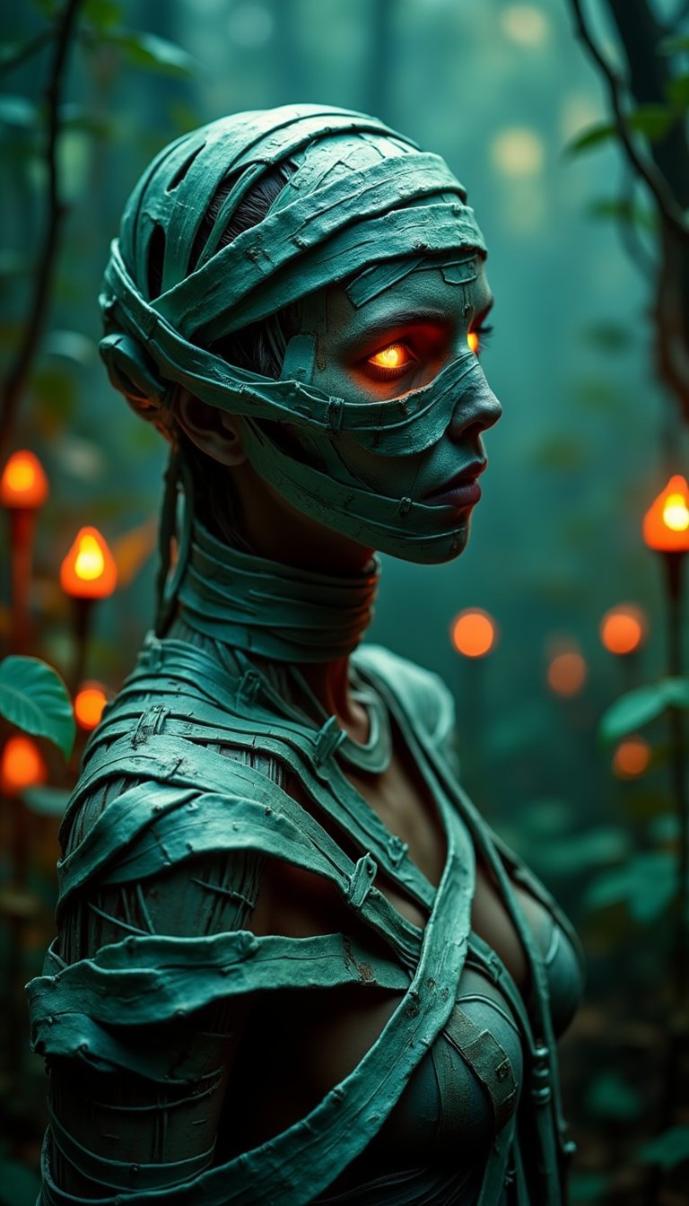 Mysterious and attractive female mummy, covered with very intricate bandages all over her body. Fantasy garden with glowing plants, exquisite detail, super sharp, exquisite details, perfect composition, vibrant colors, eerie, masterpiece, soft texture, aidmaabdhr