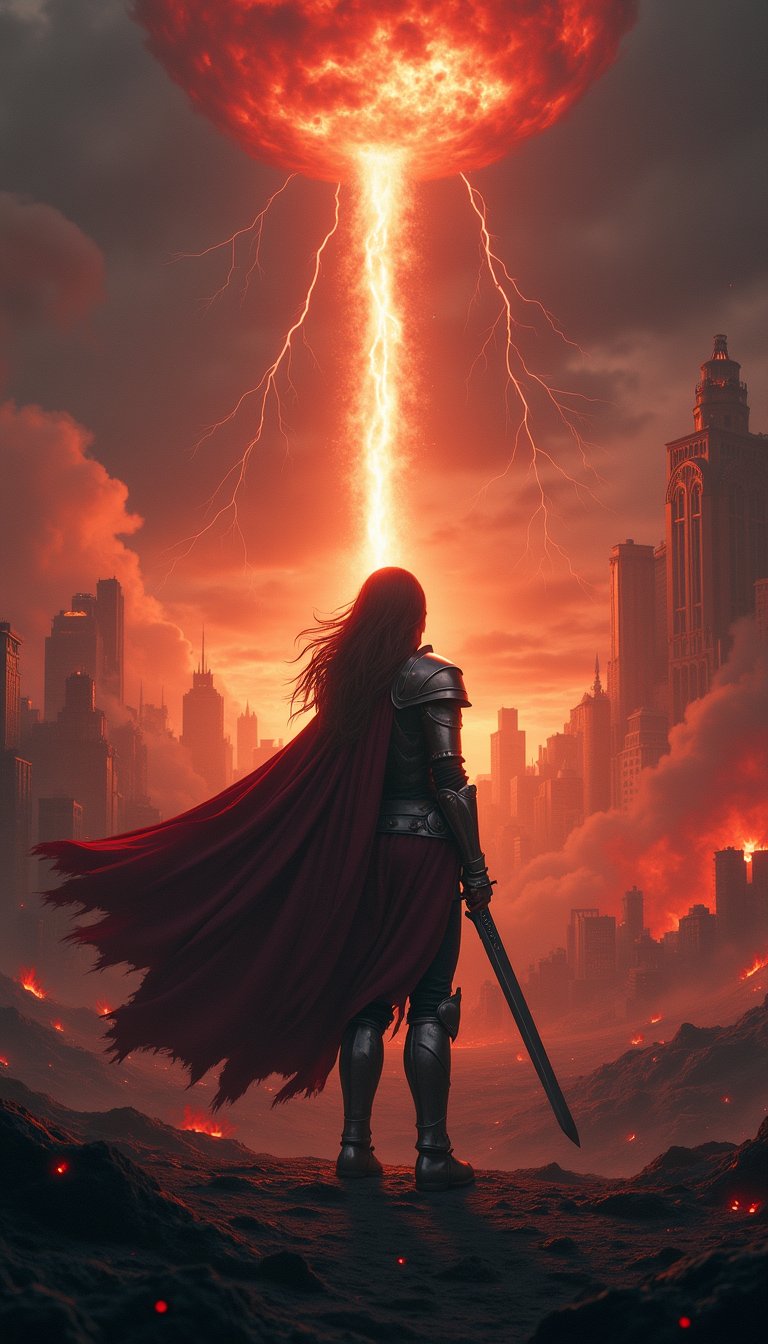 Brave female heroine stands in the foreground, facing a devastated world. She has a strong will and stares ahead with a sharp gaze. She is dressed in battle armor and holds a shining sword. Flames fly around her, and her presence brings a ray of hope to this apocalyptic landscape. This is a magnificent apocalyptic landscape. The sky is dark, red and orange flames paint the sky, and a giant meteorite is falling toward the earth. On the horizon, the silhouette of a ruined city can be seen, with buildings crumbling and smoke rising. In the foreground, a desolate land spreads, and lava spews from the cracked ground. Thunder rumbles and lightning flashes in the sky. The overall image is dark, and this is a magnificent apocalyptic scene where horror and beauty coexist.