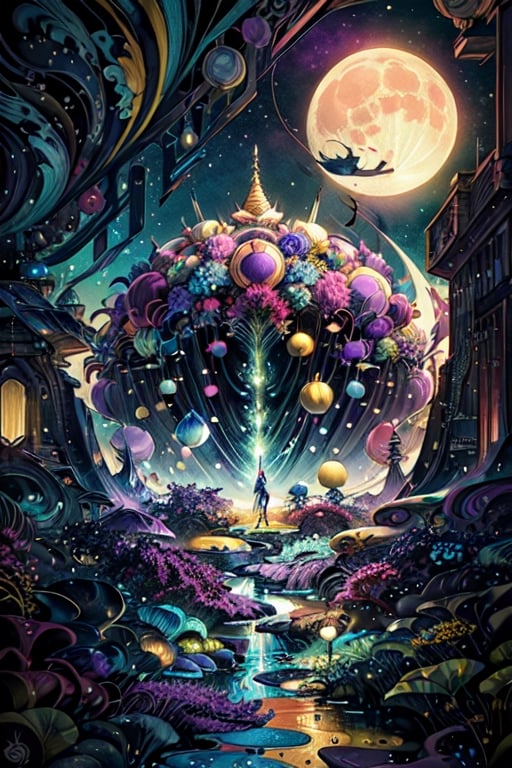 (In a mesmerizingly psychedelic scene, a whimsical moon module gleams with vibrant colors and intricate patterns, as if plucked straight from a kooky dream. This image, presented in a beautifully crafted gouache painting, showcases a fantastical spacecraft, reminiscent of a retro sci-fi era. Every brushstroke exudes an otherworldly allure, with swirling hues of neon pinks, electric blues, and mesmerizing purples. The fine details and meticulous shading bring an astonishing level of realism, capturing the eye and immersing viewers in a surreal lunar journey. With its exceptional quality and imaginative design, this captivating painting transports you to a wondrous realm beyond the boundaries of reality), Detailed Textures, high quality, high resolution, high Accuracy, realism, color correction, Proper lighting settings, harmonious composition, Behance works