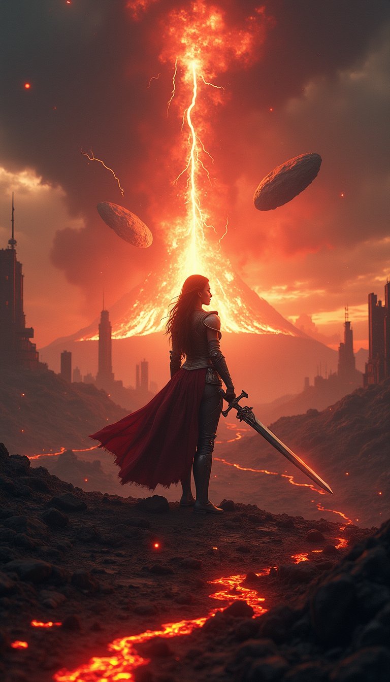 Brave female heroine stands in the foreground, facing a devastated world. She has a strong will and stares ahead with a sharp gaze. She is dressed in battle armor and holds a shining sword. Flames fly around her, and her presence brings a ray of hope to this apocalyptic landscape. This is a magnificent apocalyptic landscape. The sky is dark, red and orange flames paint the sky, and a giant meteorite is falling toward the earth. On the horizon, the silhouette of a ruined city can be seen, with buildings crumbling and smoke rising. In the foreground, a desolate land spreads, and lava spews from the cracked ground. Thunder rumbles and lightning flashes in the sky. The overall image is dark, and this is a magnificent apocalyptic scene where horror and beauty coexist.