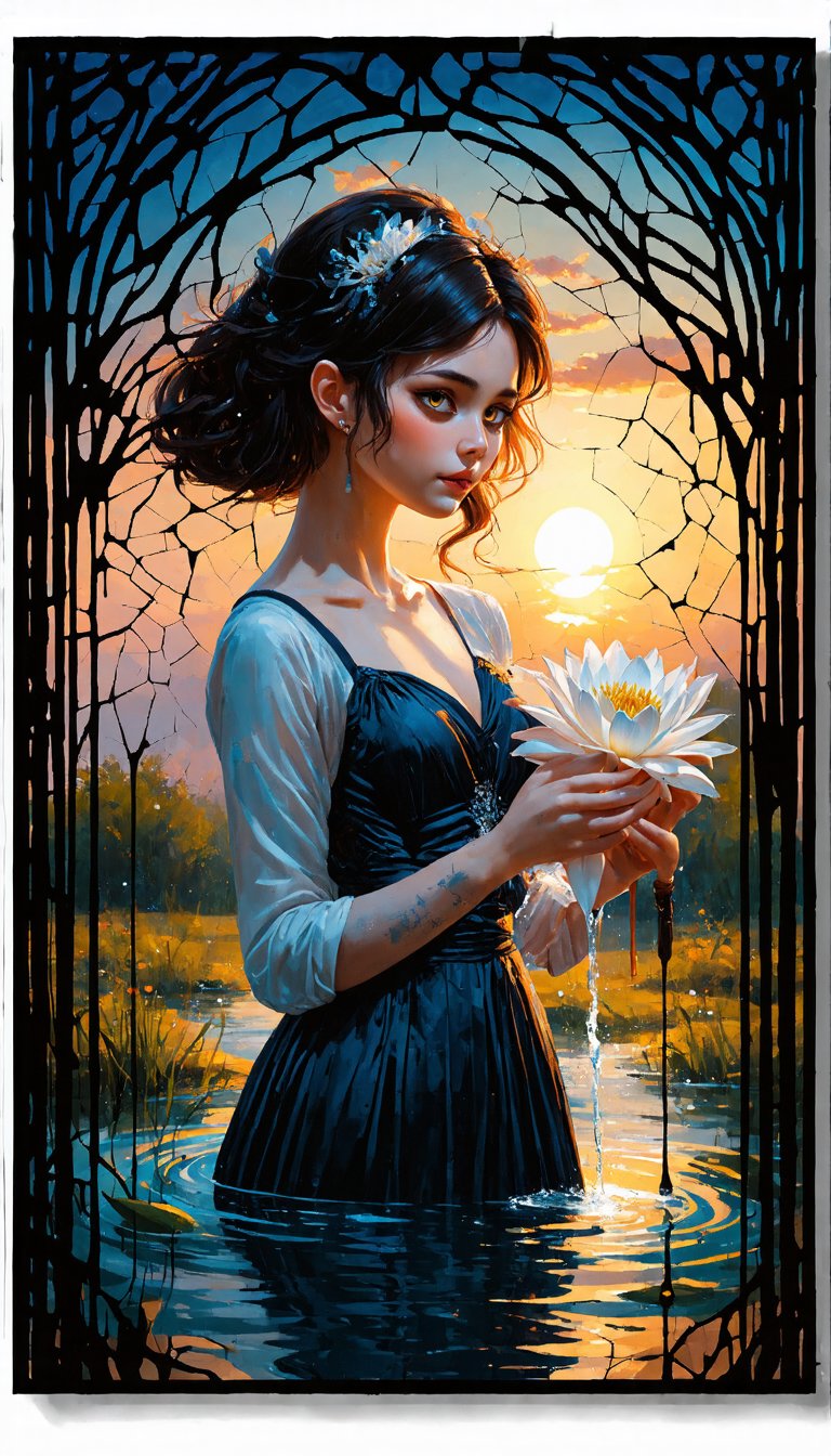 (An ornate Art Nouveau style masterpiece, luminism, dark tales, double exposure art reminiscent of Andy Kehoe, detailed ink, liquid ink, paint dripping, action painting, transparency, a close-up detailed filigree of a gracious young water spirit lady holding a white water lily at sunset, in the style of Alfons Mucha, with a dynamic pose, sharp eyes, a detailed face, a cute yet scary appearance, art depicted on cracked paper, vintage, with tiny and beautiful details, mystical, an intricate pose, evoking the works of Ray Caesar and James Jean, fairytale-like, with a patchwork of tiny, intricate details), Detailed Textures, high quality, high resolution, high Accuracy, realism, color correction, Proper lighting settings, harmonious composition, Behance works,majien