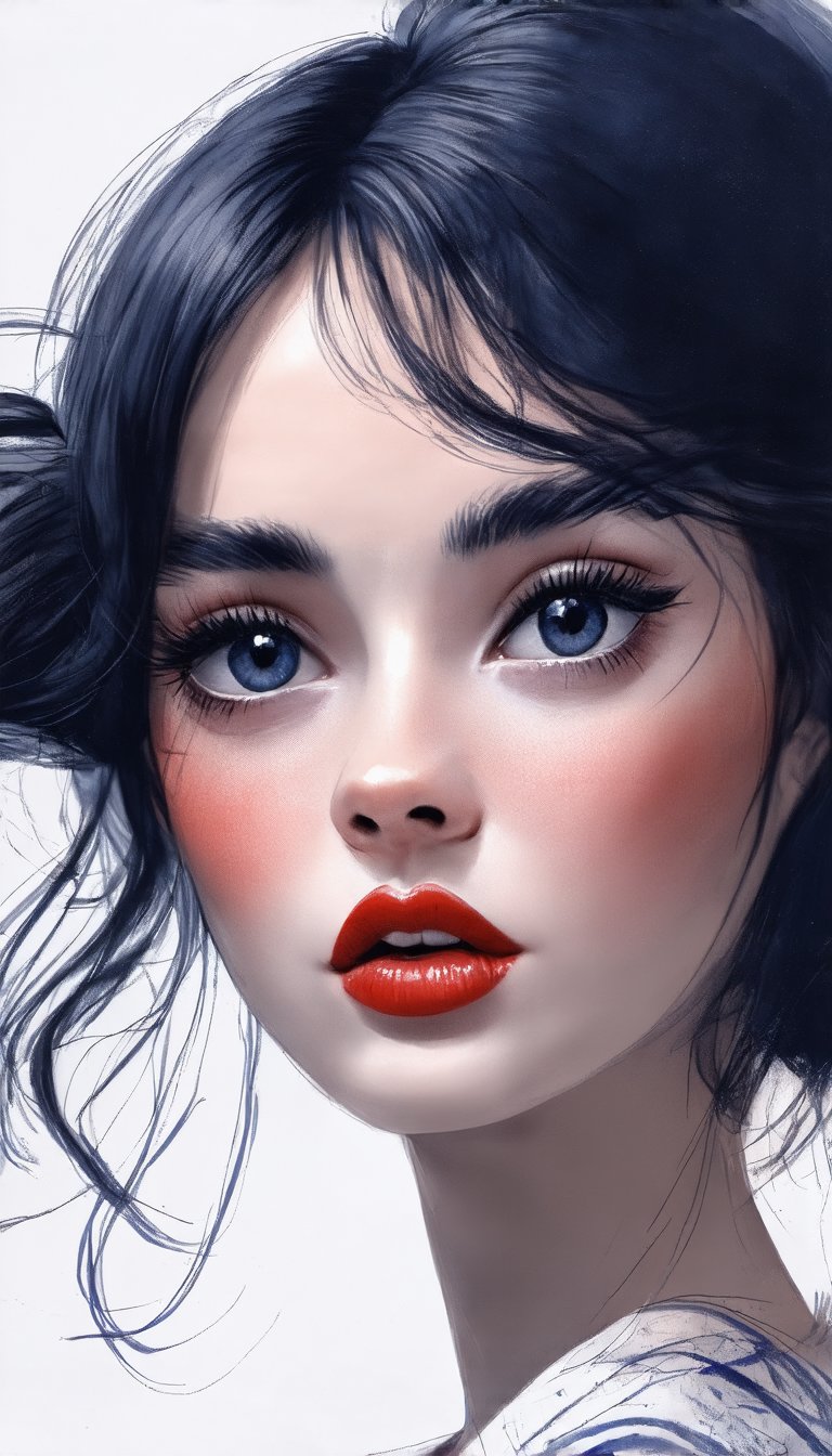 (A minimalist sketch from the 1920s, rendered in gouache, pencil, and ink, captures a stunningly beautiful and delicate face with large eyes. The piece features a gouache wash and calligraphic lines, with a color palette of lavender, slate, and blue, highlighted by a striking red lip.), detailed texture, high quality, high resolution, high accuracy, realism, color correction, good lighting settings, harmonious composition, Behance Works, 1girl_neo