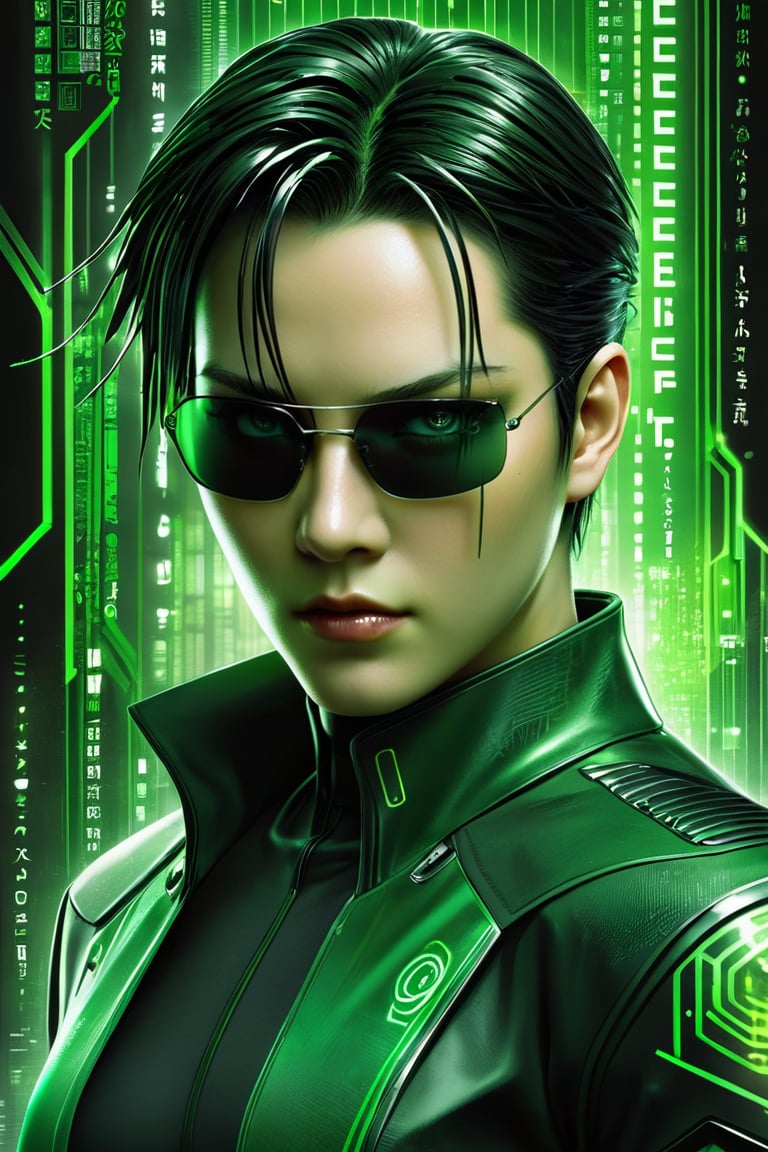 Matrix Neo, Matrix Code, green and black color scheme, epic poster composition drawn in manga style, dynamic and highly detailed Art Station, concept art, influenced by Artgerm and Wadim Kashin, (Detailed Textures, high quality, high resolution, high Accuracy, realism, color correction, Proper lighting settings, harmonious composition, Behance works),Matrix Style