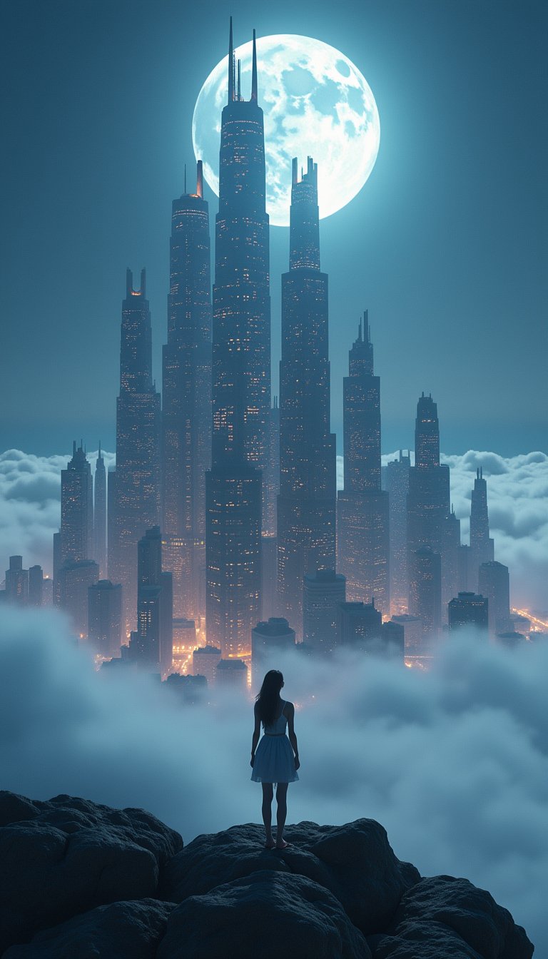 City towering above the world,  with an ethereal miniature effect added by tilt-shift lens photography,  hangs in the sky...