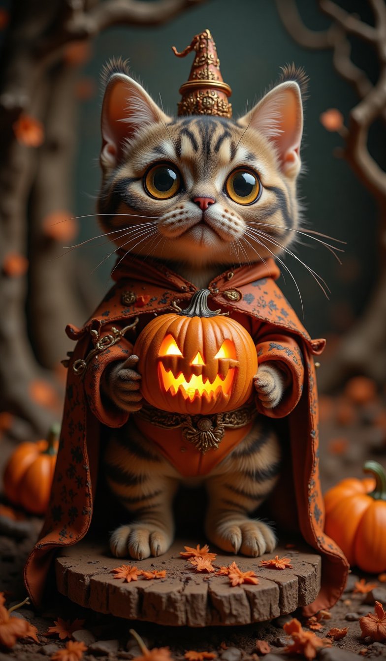 Highly deformed, bobblehead-esque diorama. A stunning photograph that embodies the baroque-punk art style, featuring a very large, wide-eyed cat dressed in a costume with a Halloween pumpkin as the main theme. The darkness around the cat is illuminated by meticulous lighting from a softbox, capturing the intricate details in sharp detail. Reflecting the great catalog designs of famous artists, this piece is a hit on Artstation and would be perfect for the cover of the high-end fashion magazine "Halloween_Figure".VNS_Add more details