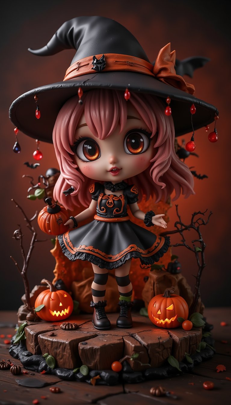 Seasonal figure diorama. It features Halloween-themed Wendy in a super-deformed style designed by YOKO TARO, a Halloween-themed background, and some scary lights., (Detailed Textures, high quality, high resolution, high Accuracy, realism, color correction, Proper lighting settings, harmonious composition, Behance works),VNS_Add more details,Resin