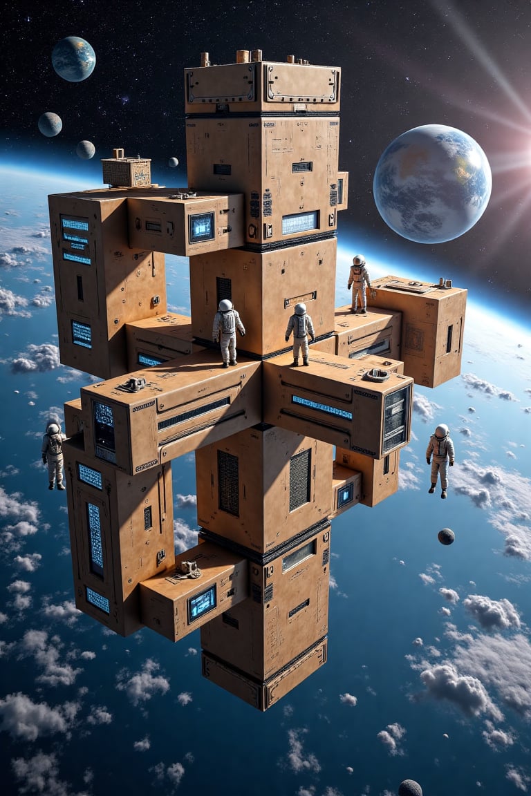 Massive International Space Station constructed entirely from interconnected cardboard boxes,  floating in the vast expans...