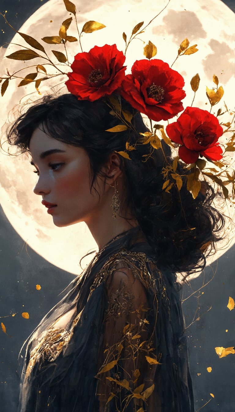 (1girl, Golden petals and red flowers form intricate patterns against the backdrop of the moon, reminiscent of the styles of Yoann Lossel, Cyril Rolando, Nan Goldin, Lee Bontecou, and Loish), Detailed texture, High quality, High resolution, High precision, Realism, Color correction, Proper lighting settings, Harmonious composition, Behance Works,detail-rendering,Watercolor