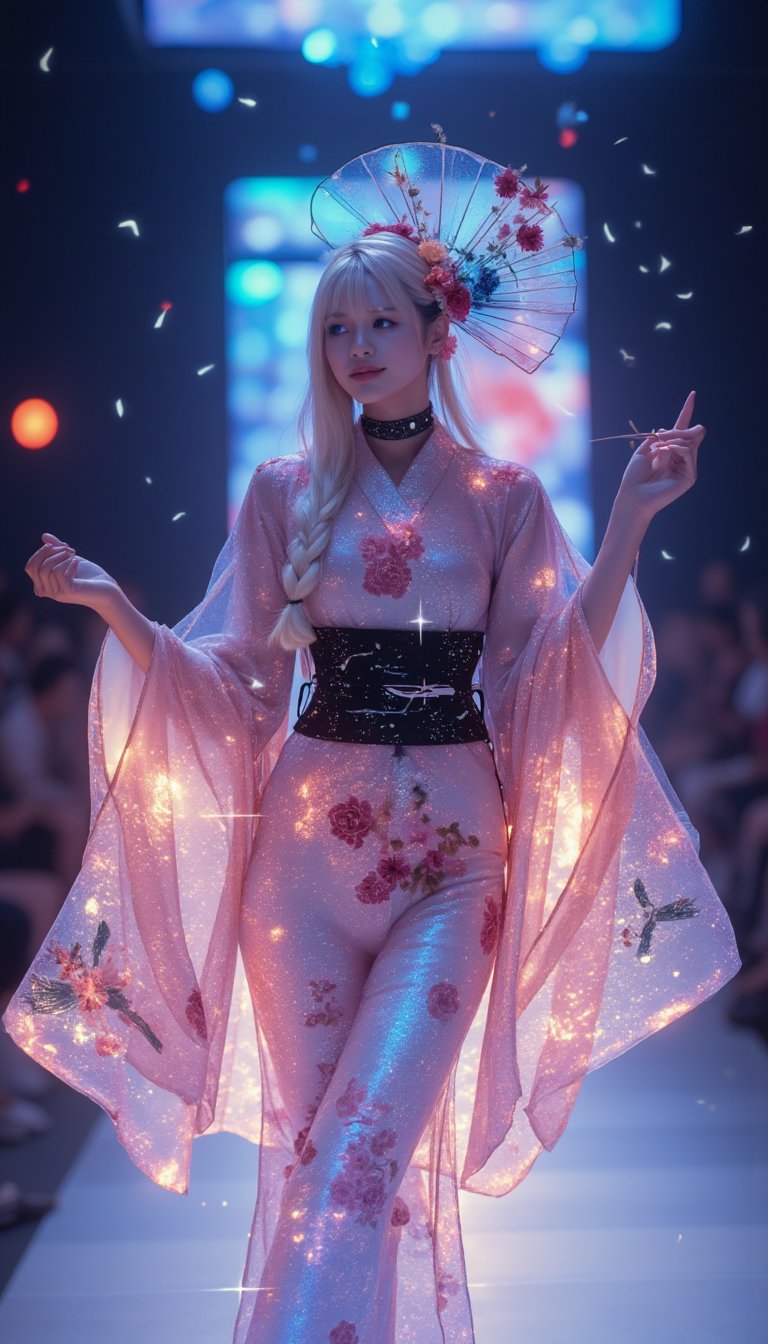 In the heart of a futuristic fashion runway, a stunning Caucasian woman takes center stage, embodying a harmonious blend of tradition and futurism. Draped in a traditional Japanese kimono, the ensemble is reimagined with a modern twist, crafted from a translucent fabric that radiates a soft glow. The kimono boasts expansive, fluid sleeves, a gracefully tied obi sash, and a sweeping floor-length skirt. Embedded within the fabric are delicate LED patterns that come to life, depicting iconic Japanese motifs—cherry blossoms, undulating waves, majestic cranes, and sturdy bamboo. Adding to the garment's allure is a complex, asymmetric blue pattern, ethereal in its appearance, casting a luminous projection across the outfit. Her platinum blonde hair, cut with precise bangs, is woven into an elaborate braided style, showcasing a diamond weave interspersed with slender plaits. A statement choker encircles her neck, while a vibrant floral headdress, brimming with a spectrum of blossoms, crowns her visage. In her grasp, she holds a traditional Japanese fan, the final touch to this captivating fusion of past and future.,neon_glow