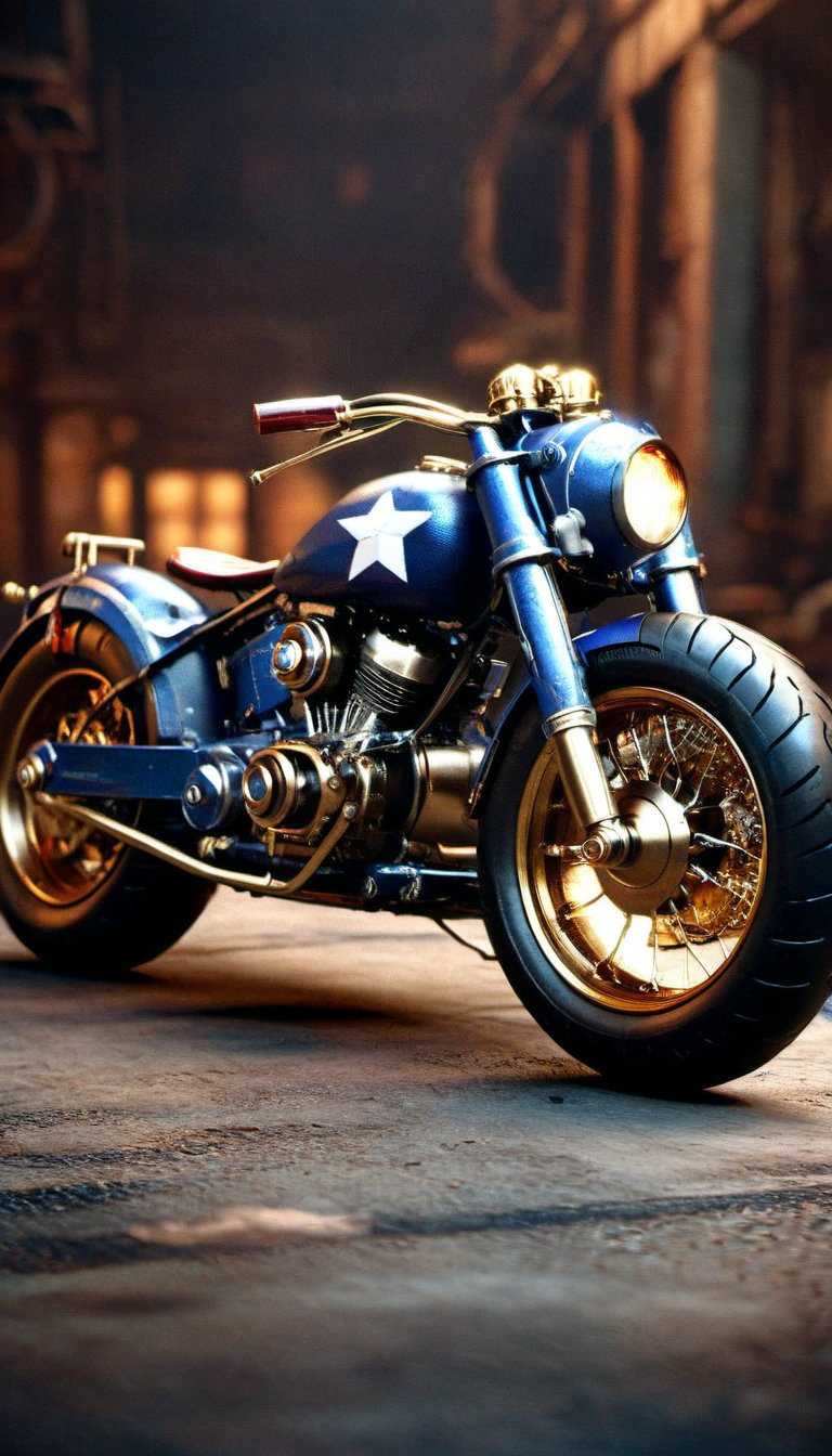 Captain America themed motorcycle, (Detailed Textures, high quality, high resolution, high Accuracy, realism, color correction, Proper lighting settings, harmonious composition, Behance works),c_car,science fiction,Concept Cars,DonMSt34mPXL