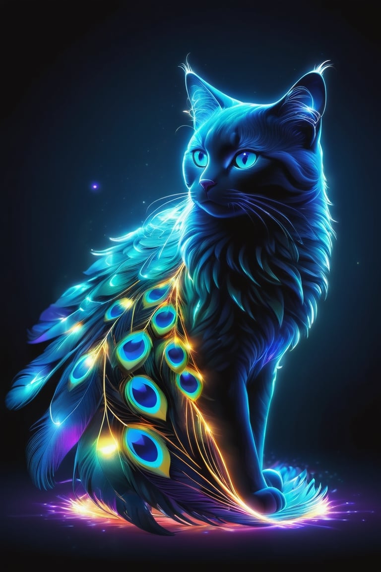 (Fractal isometric detailed bioluminescence with neon, open peacock feather, cat turned goddess, balanced contrast of light and dark, dazzling background), detailed texture, high quality, high resolution, high precision , realism, color correction, proper lighting settings, harmony composition, Behance works, neon style,galaxy00