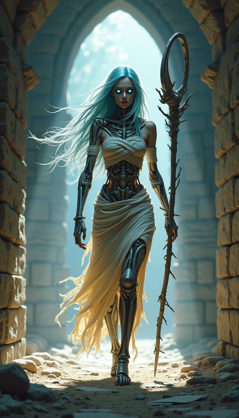 Digital artwork depicting a mystical, mummy-like character walking towards the viewer in an ancient stone tunnel. The central figure has long, flowing light blue hair that extends outward with slight transparency, creating a halo effect around its head. The character's face is skeletal with hollow eye sockets, and dark blue eyes glow eerily. Small pointed ears are visible on either side of the face. The entire body is wrapped in tattered bandages of various shades of white, beige, and gray, revealing intricate mechanical parts beneath the skin, including metallic joints and skeletal structures. The character wears a fitted dress-like garment made of similar fabric, with a high-waisted bodice and flared skirt, both showing signs of wear and tear. Tattered, frayed strips extend from the shoulders to the feet, appearing almost ethereal as they flutter behind. In the right hand, the character wields a large, curved weapon resembling a staff or sickle, featuring twisted branches and sharp metallic blades. The setting is a dimly lit stone tunnel with arched openings, weathered walls, and a worn stone floor scattered with debris and small rocks. The tunnel's rough-textured blocks are arranged irregularly, adding depth and realism to the scene. Sunlight streams through the arches at the background center, casting dramatic beams and illuminating dust particles in the air, creating a misty atmosphere and highlighting the character's features. The overall color palette includes cool tones like dark teal, slate gray, pale skin, and amber yellow, with high contrast between illuminated areas and shadows. The lighting creates a striking interplay of bright highlights and deep shadows, emphasizing the texture of the stone and the eerie nature of the character. The composition centers the enigmatic figure, capturing a moment of intense mystery and otherworldliness within this ancient, mystical environment