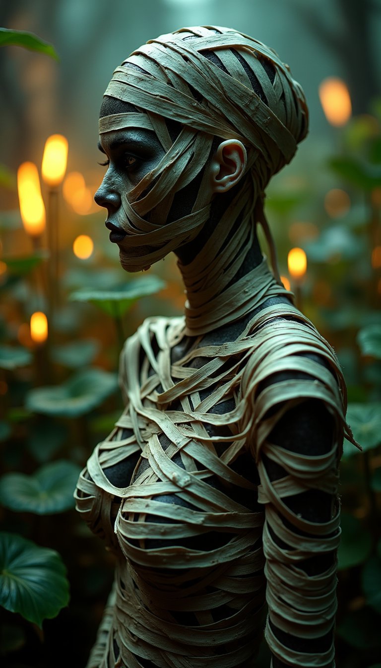 Mysterious and attractive female mummy, covered with very intricate bandages all over her body. Fantasy garden with glowing plants, exquisite detail, super sharp, exquisite details, perfect composition, vibrant colors, eerie, masterpiece, soft texture, aidmaabdhr