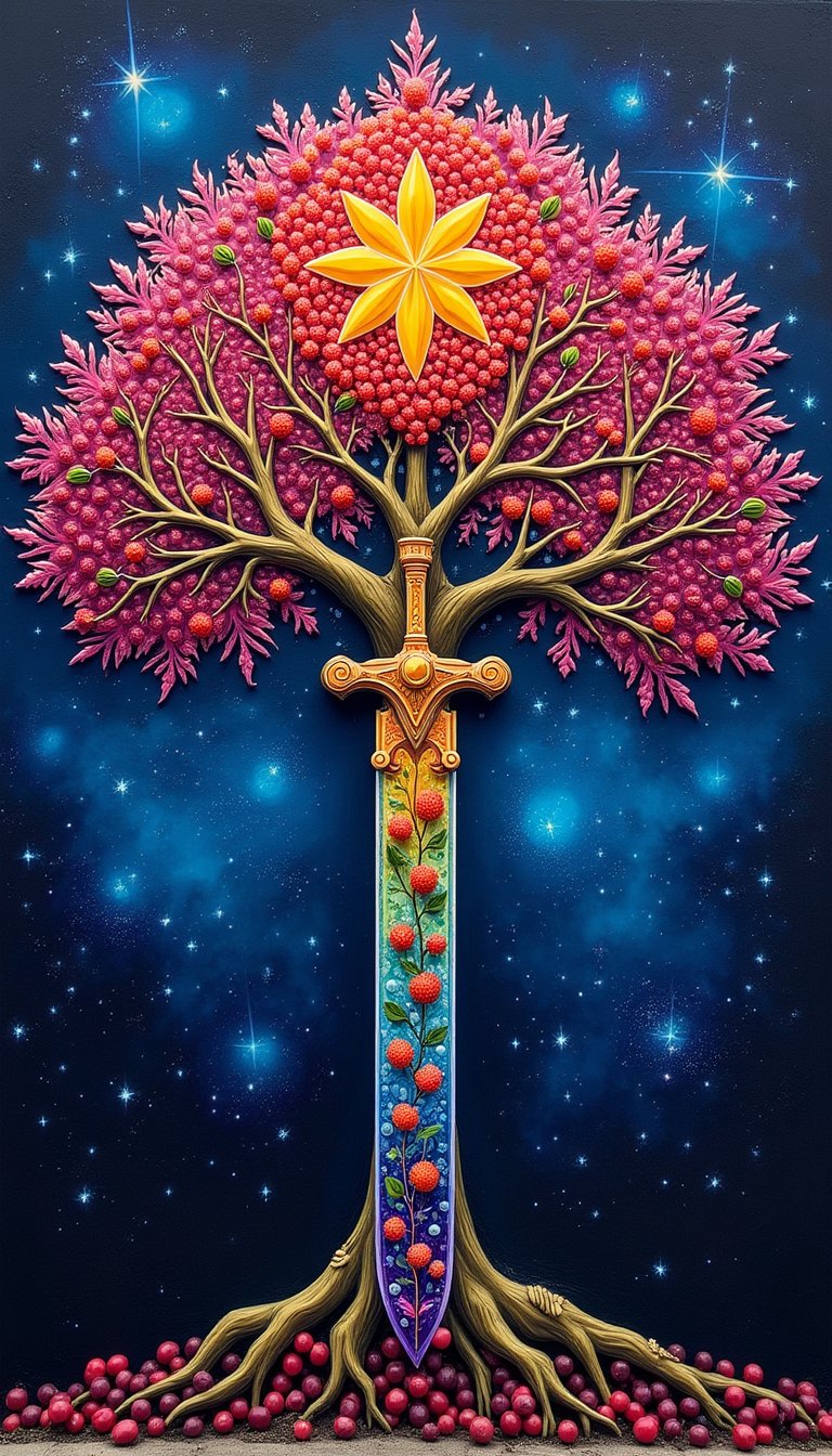 The Tree of Life, adorned with candy fruits and rendered in exquisite detail, stands as a mandala of the universe. Its colors spread vibrantly, capturing the essence of a masterpiece. This piece, a fusion of street art and graffiti, invites onlookers into a world where the cosmic and the urban intertwine.,Crystal Sword