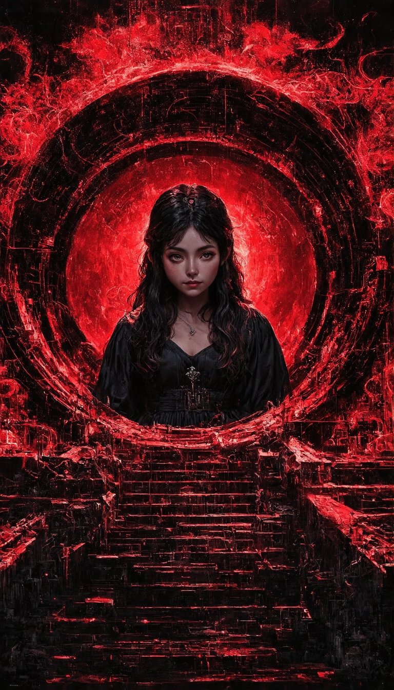 (The surreal city of Carcosa emerges, its essence woven with motifs of cybersecurity, alive with the memes of data streams, all moving dynamically and fluidly. It's a world painted in stark reds and blacks. At its heart, a vintage goddess dressed casually, her curious eyes peering from within a circle. The artistry, reminiscent of Yoji Shinkawa's style, reveals an ancient Chinese wonderland turned on its head, a place where parallel realities merge without a seam.), Detailed texture, High quality, High resolution, High precision, Realism, Color correction, Proper lighting settings, Harmonious composition, Behance Works,FuturEvoLabStyle