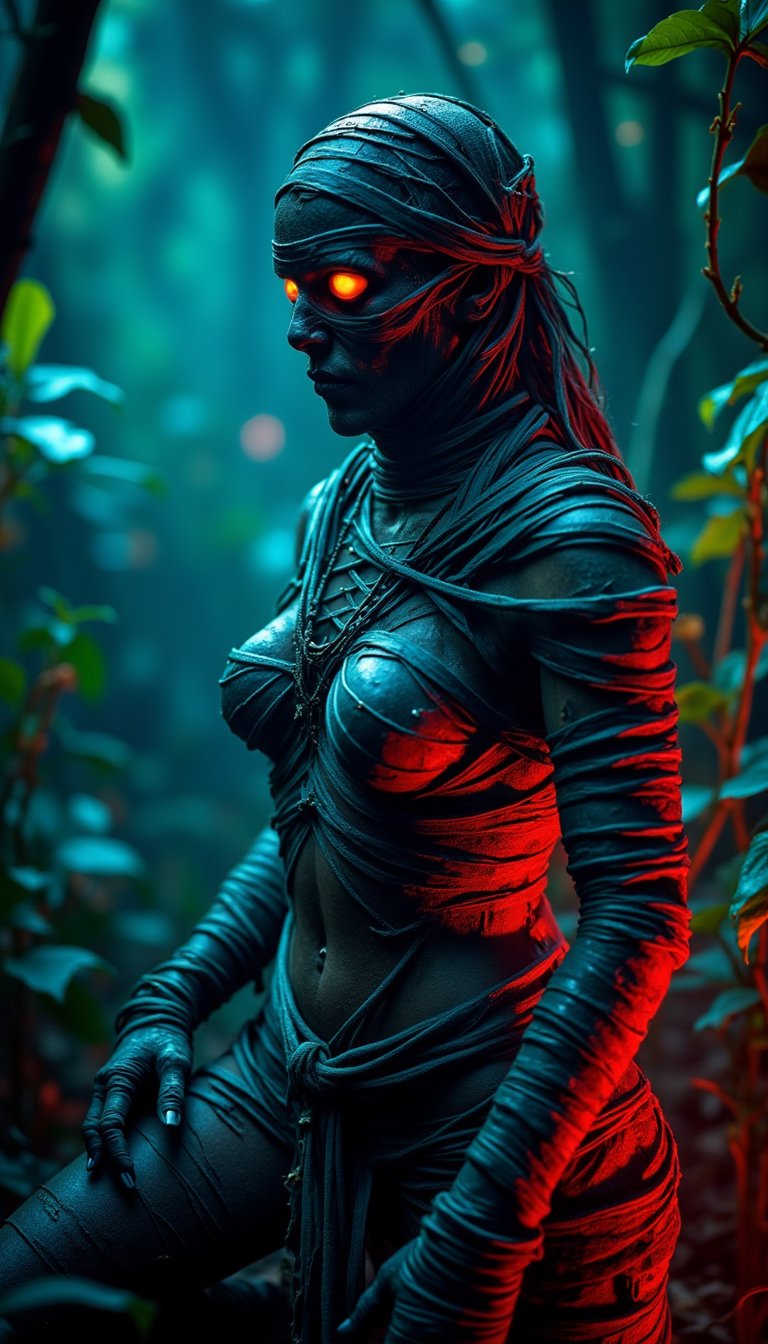 Mysterious and attractive female mummy, covered with very intricate bandages all over her body. Fantasy garden with glowing plants, exquisite detail, super sharp, exquisite details, perfect composition, vibrant colors, eerie, masterpiece, soft texture, aidmaabdhr