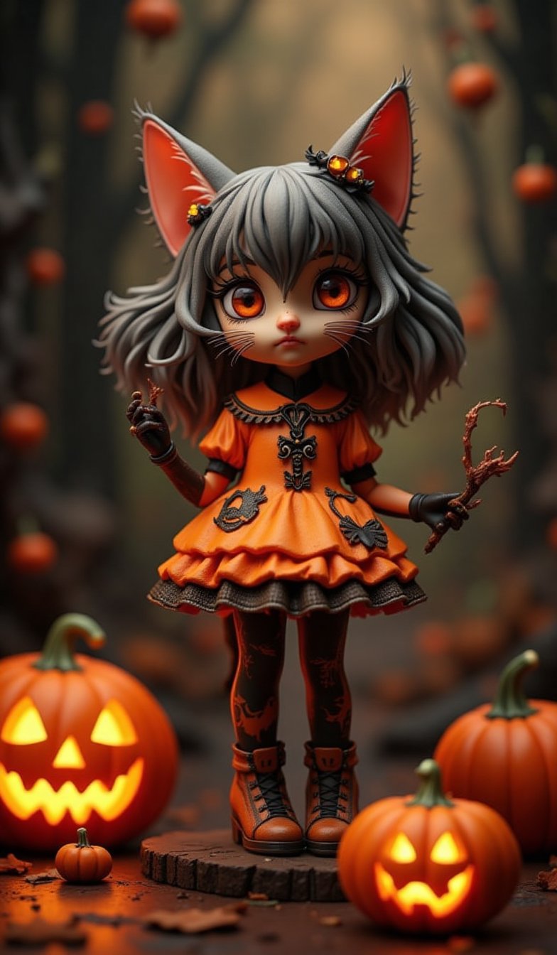 Highly deformed, bobblehead-style figurine diorama. A stunning photograph that embodies the rococo-punk art style, featuring a wide-eyed cat girl in a Halloween pumpkin-themed outfit. The darkness surrounding her is illuminated by meticulous lighting from a soft box, capturing every intricate detail with clarity. Reflecting Greg Rutkowski's outstanding catalog design, this piece was a hit on Artstation and would be perfect for the cover of a high-end fashion magazine,Halloween_Figure