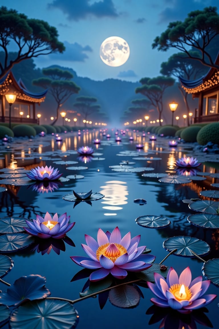 Quiet Thai river at night during Loy Krathong festival,  blue lotus flowers floating on the water and delicate krathongs w...