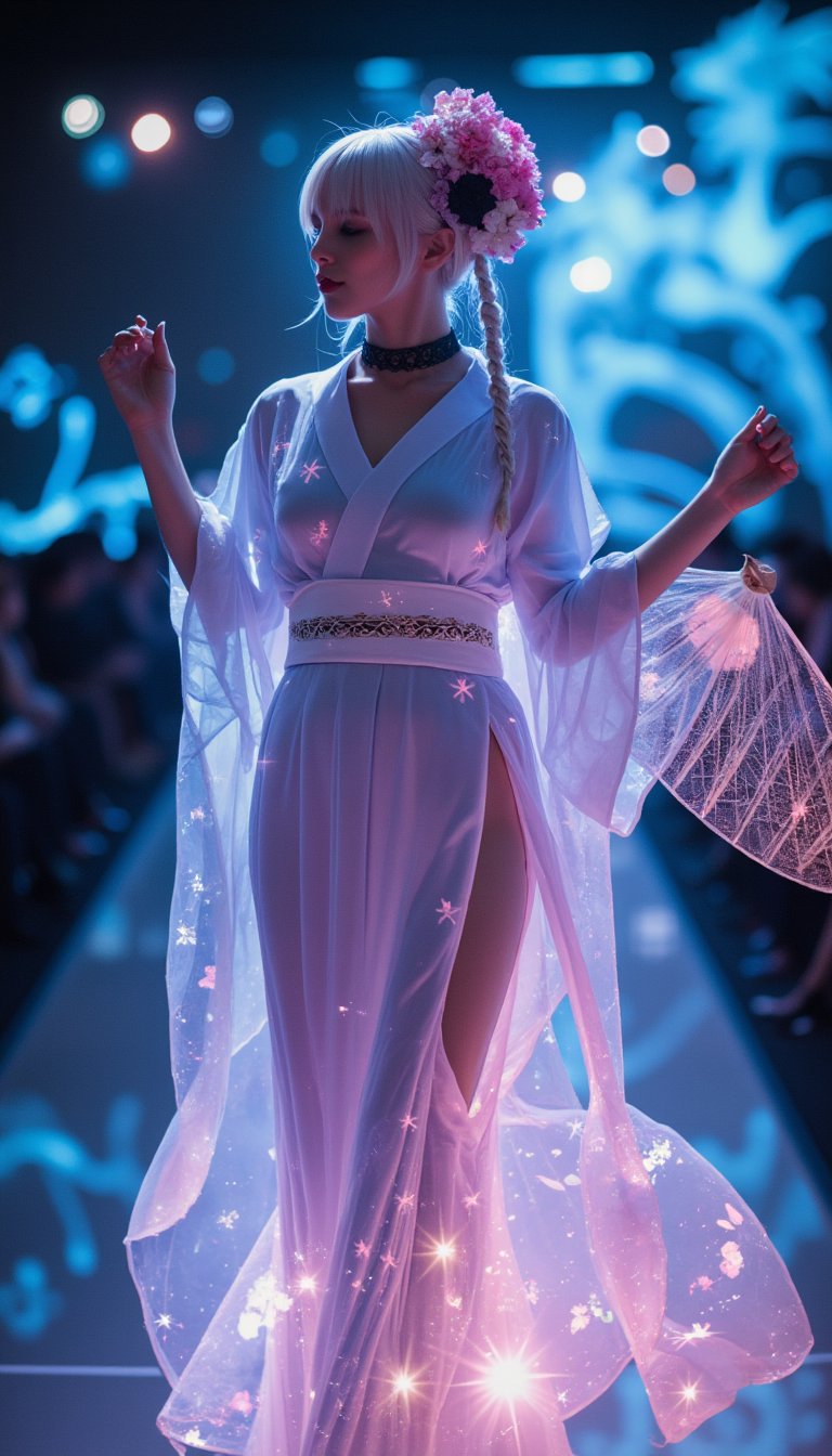 In the heart of a futuristic fashion runway, a stunning Caucasian woman takes center stage, embodying a harmonious blend of tradition and futurism. Draped in a traditional Japanese kimono, the ensemble is reimagined with a modern twist, crafted from a translucent fabric that radiates a soft glow. The kimono boasts expansive, fluid sleeves, a gracefully tied obi sash, and a sweeping floor-length skirt. Embedded within the fabric are delicate LED patterns that come to life, depicting iconic Japanese motifs—cherry blossoms, undulating waves, majestic cranes, and sturdy bamboo. Adding to the garment's allure is a complex, asymmetric blue pattern, ethereal in its appearance, casting a luminous projection across the outfit. Her platinum blonde hair, cut with precise bangs, is woven into an elaborate braided style, showcasing a diamond weave interspersed with slender plaits. A statement choker encircles her neck, while a vibrant floral headdress, brimming with a spectrum of blossoms, crowns her visage. In her grasp, she holds a traditional Japanese fan, the final touch to this captivating fusion of past and future.,neon_glow