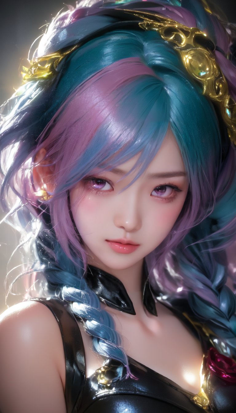 (Light on K-pop girl with blue face. She has pink eyes and twin braided blue hair, standing in portrait. The style is very delicate and beautiful art, pastel colors, high resolution, 4K, inspired by Jinx from League of Legends.), Detailed Textures, high quality, high resolution, high Accuracy, realism, color correction, Proper lighting settings, harmonious composition, Behance works,NJI BEAUTY,noir,Goth