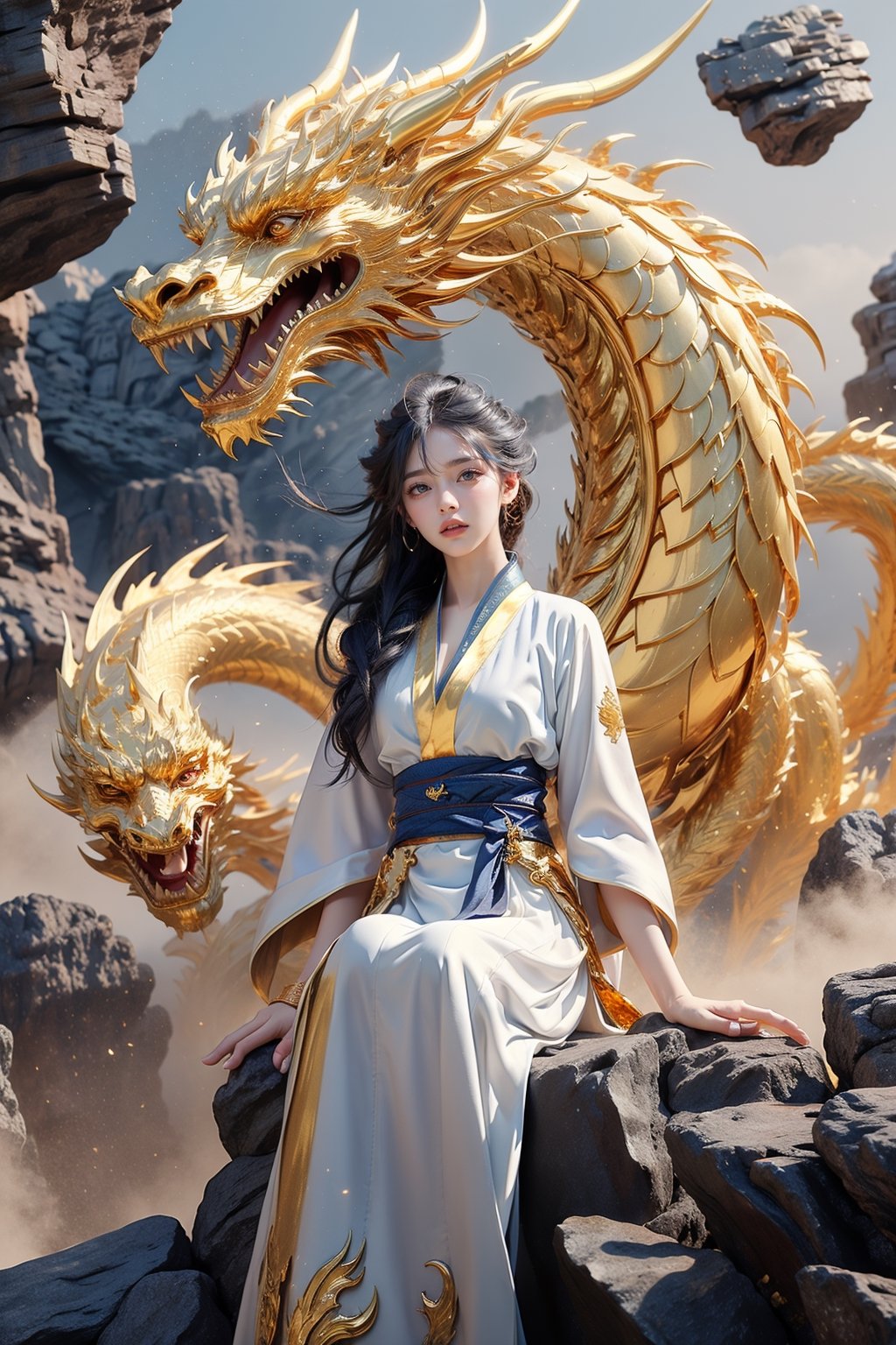 masterpiece, top quality, best quality, official art, beautiful and aesthetic:1.2), (1girl:1.3), , girl, blue hair, hanfu fashion, chinese dragon,  white dragon, (golden theme:1.5), volumetric lighting, ultra-high quality, photorealistic, misty rock moutain background,AgoonGirl