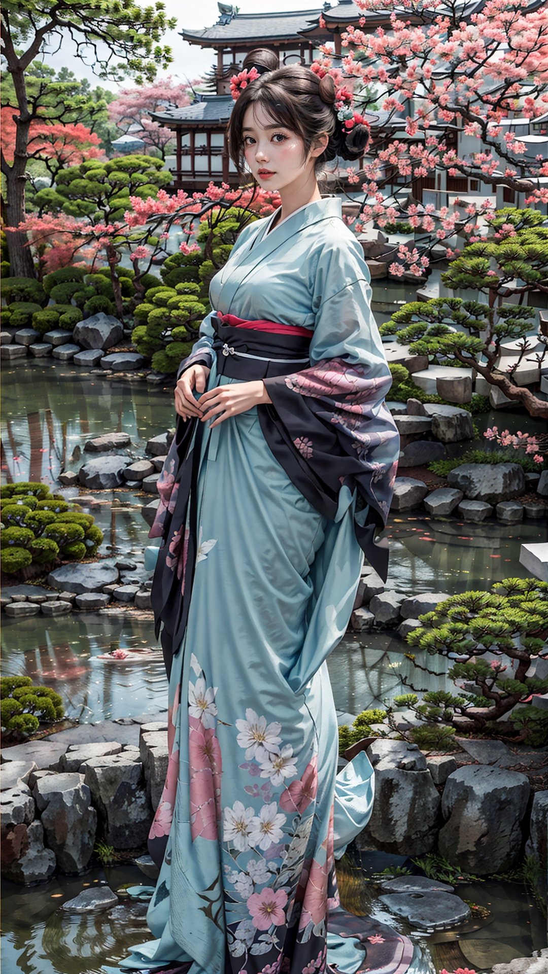 (best quality,masterpiece:1.2),ultra detailed,(photo realistic:1.4),solo,cute girl,japanese garden,from below,see-through_kimono,CherryBlossom_background,japanese_garden_background