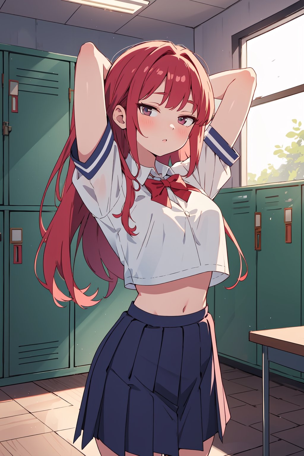 (SaltBaeMeme), by oda non by yogisya, a very skinny girl, red head, sexy school uniform,  arms above head,indoors, locker room, detailed background, twilight, intimacy, soft lighting, masterpiece, best quality, high quality, highres, absurdres, very detailed, high resolution, sharp, sharp image, 8k, vivid, colorful, stunning, anime, aesthetic,skinny, ,Ribs,Skinny