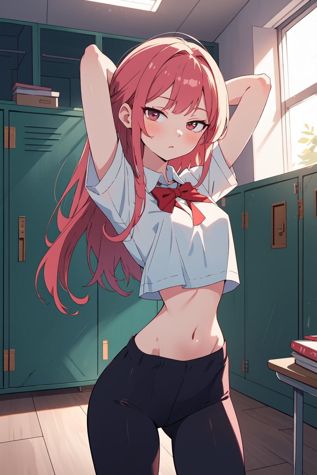 (SaltBaeMeme), by oda non by yogisya, a very skinny girl, red head, sexy school uniform,  arms above head,indoors, locker room, detailed background, twilight, intimacy, soft lighting, masterpiece, best quality, high quality, highres, absurdres, very detailed, high resolution, sharp, sharp image, 8k, vivid, colorful, stunning, anime, aesthetic,skinny, ,Ribs,Skinny