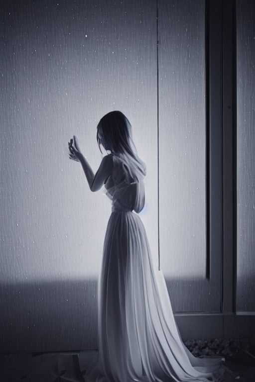 Hello, please help me create an image of a woman in a white dress leaning against the window, staring at the moonlight with melancholy eyes.
,<lora:659111690174031528:1.0>