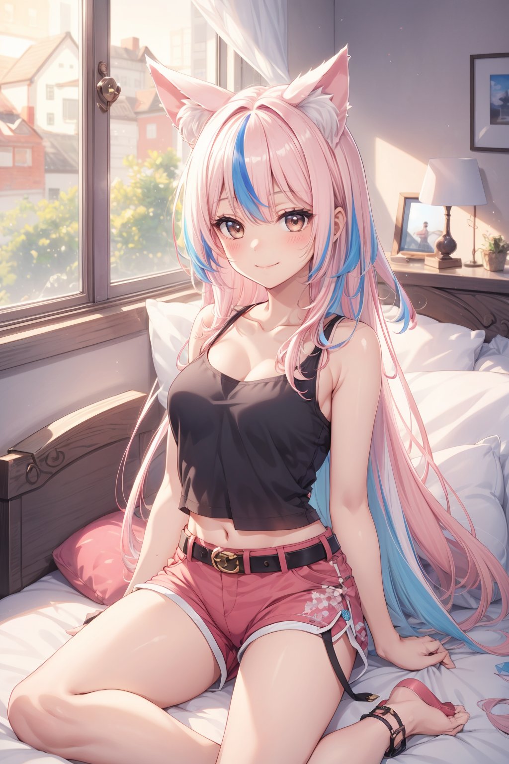 1girl, solo, long hair, breasts, looking at viewer, blush, smile, bangs, shirt, black hair, animal ears, bare shoulders, brown eyes, medium breasts, sitting, very long hair, closed mouth, collarbone, pink hair, purple hair, white hair, thighs, multicolored hair, shorts, sleeveless, belt, indoors, off shoulder, two-tone hair, animal ear fluff, pillow, black shirt, short shorts, window, sleeveless shirt, bed, on bed, tank top, red shorts, pink shorts