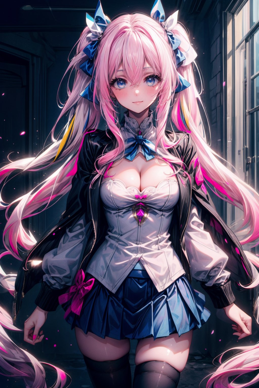 1girl, solo, long hair, breasts, looking at viewer, blush, smile, bangs, blue eyes, skirt, shirt, thighhighs, long sleeves, bow, cleavage, hair between eyes, twintails, medium breasts, very long hair, closed mouth, blue hair, standing, jacket, white shirt, pink hair, white hair, hair bow, thighs, multicolored hair, cowboy shot, pleated skirt, black thighhighs, indoors, hand up, miniskirt, bowtie, two-tone hair, blue skirt, zettai ryouiki, streaked hair, blue bow, drill hair, hair intakes, cleavage cutout, pink bow, single thighhigh, twin drills