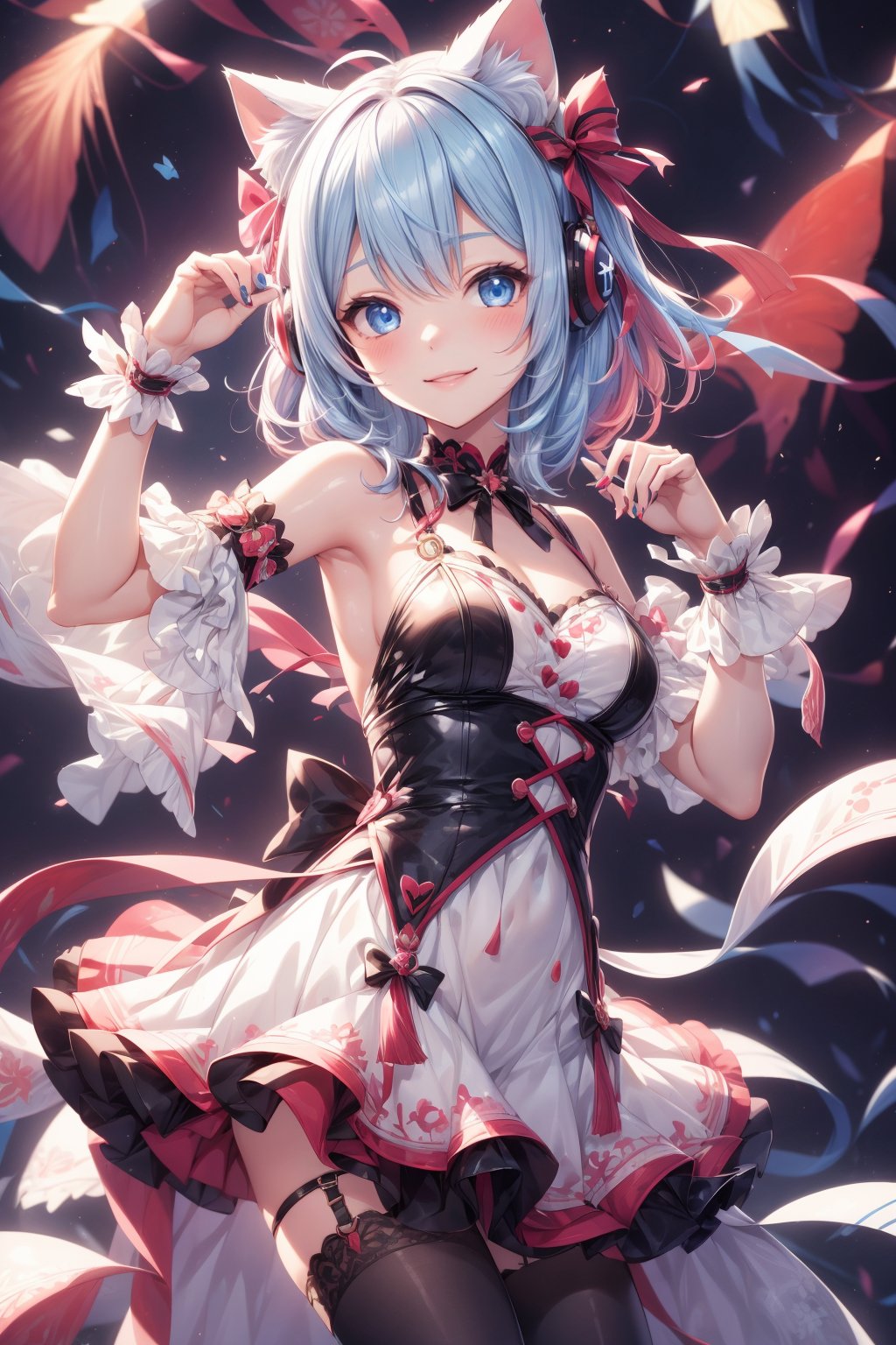 1 girl, solo, breasts, looking at viewer, blushing, smiling, bangs, blue eyes, knee-highs, dress, ribbon, animal ears, bare shoulders, medium breasts, blue hair, standing, pink hair, hair ribbon, thighs, colorful hair, cowboy shot, lips parted, sleeveless, black knee-highs, virtual youtuber, cat ears, hands up, medium hair, armpits, nail polish, white dress, two-tone hair, headphones, zettai ryouiki, animal ear hair, wrist cuffs, short dress, extra ears, colored inner hair<lora:EMS-91280-EMS:1.000000