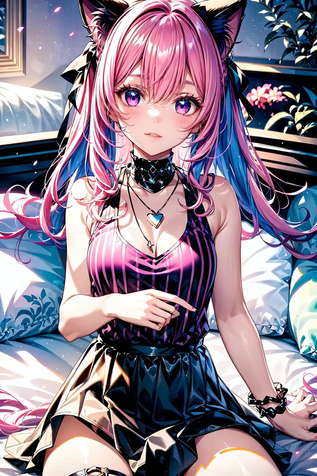 An animated image of a girl with long pink hair and cat ears. She is wearing a purple and white striped tank top with a black collar and a black skirt. The girl is sitting on a white bed. She has a black necklace around her neck. There is another girl on the left side of the image with pink hair. The background is dark.