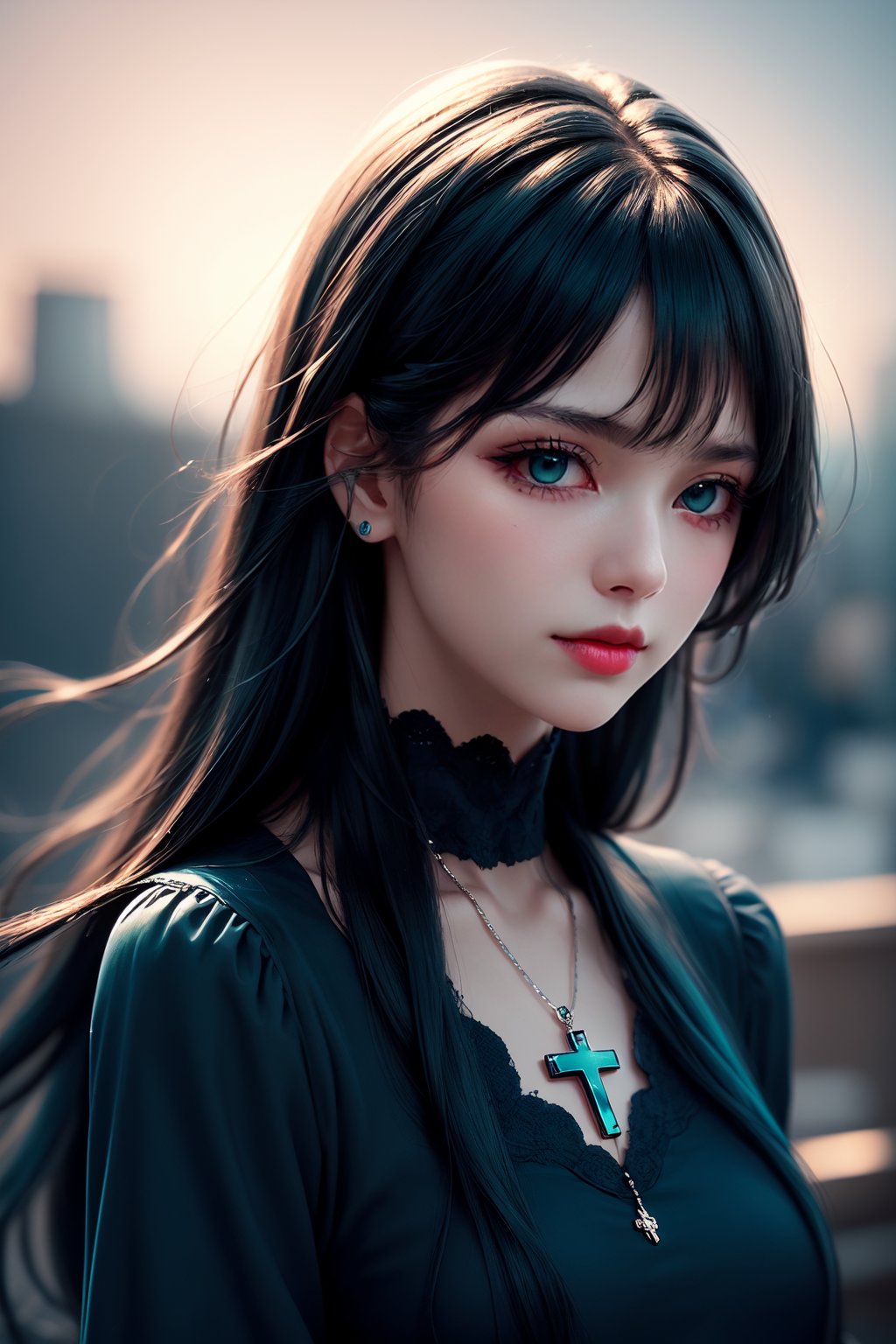 (Ultra-detailed, Photorealistic), soft lighting, cool tones. A solo girl with long, flowing ((dark blue and teal gradient hair)), gently swaying in the wind on a rooftop. Her hair, slightly messy yet elegant, catches the soft sunlight, with subtle reflections enhancing various shades of blue. She has pale, flawless skin, with soft makeup and a hint of blush, naturally parted lips slightly open. Her deep, distant gaze looks towards the horizon, exuding a calm and introspective mood.

Her clothing matches the punk, gothic style of the reference illustration: she wears a black long-sleeve top with multiple crosses embroidered on it, and the sleeves feature pins and chains. She has a black choker with a silver cross pendant around her neck, and her wrists are adorned with spiked bracelets and rings. Her hair, while flowing freely, has sections dyed in pink, matching the highlights of her dark, moody outfit. Delicate piercings decorate her ears, and her nails are painted black, enhancing the overall edgy appearance.

The scene is shot from a slightly distant angle on a rooftop, with the background showing minimalistic, blurred urban buildings, capturing the girl in an intimate and reflective moment.