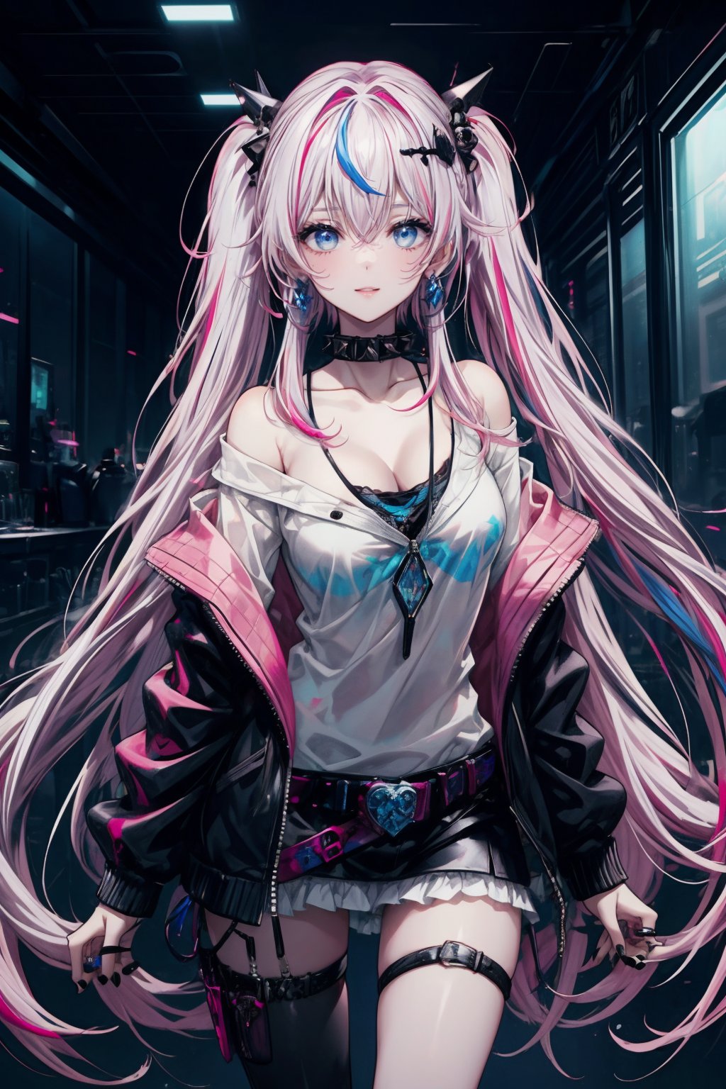 1girl, solo, long hair, breasts, looking at viewer, bangs, blue eyes, skirt, shirt, hair ornament, long sleeves, hair between eyes, twintails, jewelry, medium breasts, blue hair, standing, collarbone, jacket, pink hair, white hair, multicolored hair, cowboy shot, earrings, parted lips, open clothes, choker, belt, indoors, hood, miniskirt, off shoulder, nail polish, lips, streaked hair, black jacket, hoodie, black choker, ring, spikes, blue nails, skull, black belt, skull hair ornament, skull print